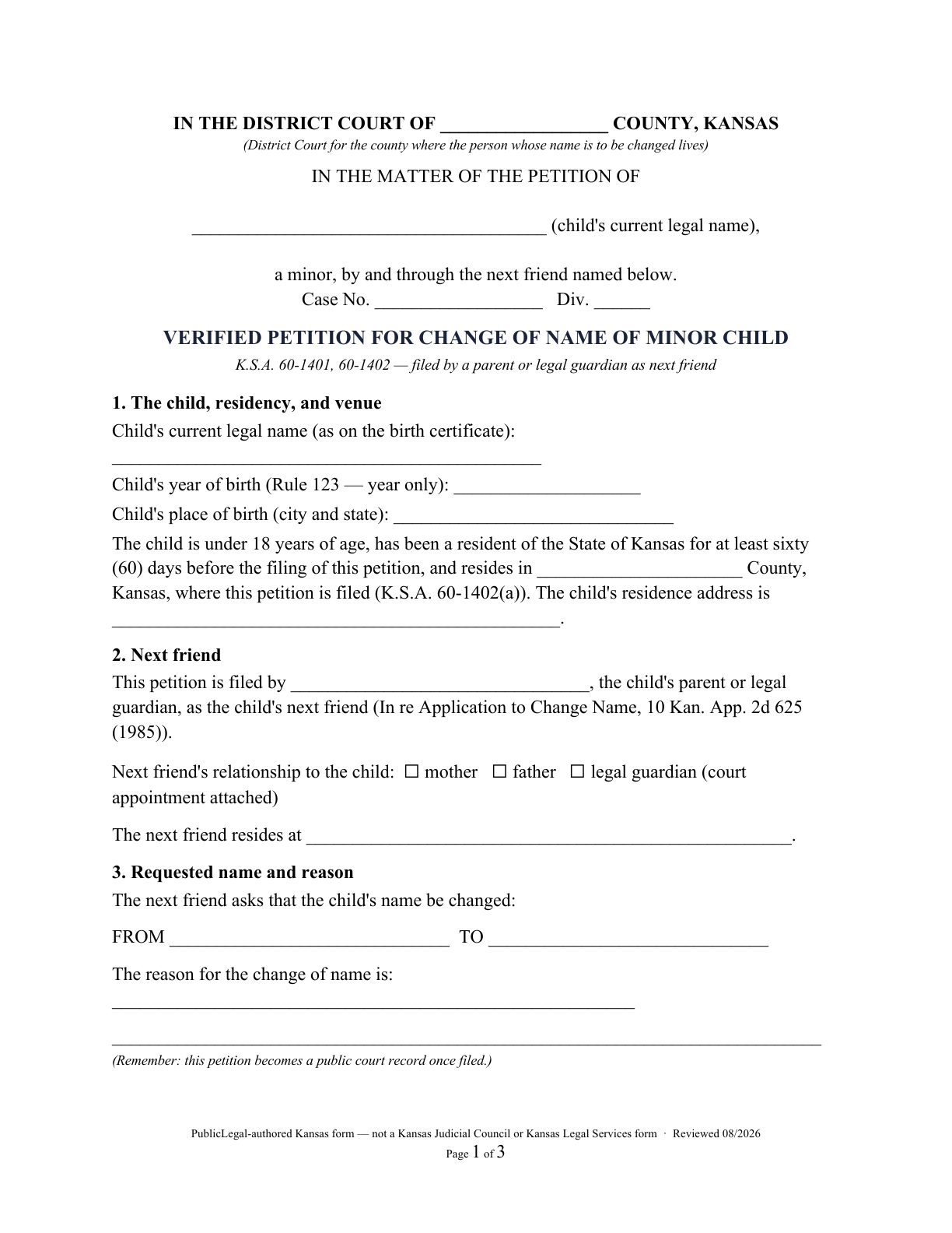 Page 1 of the PublicLegal-authored Kansas minor verified name-change petition included in the download