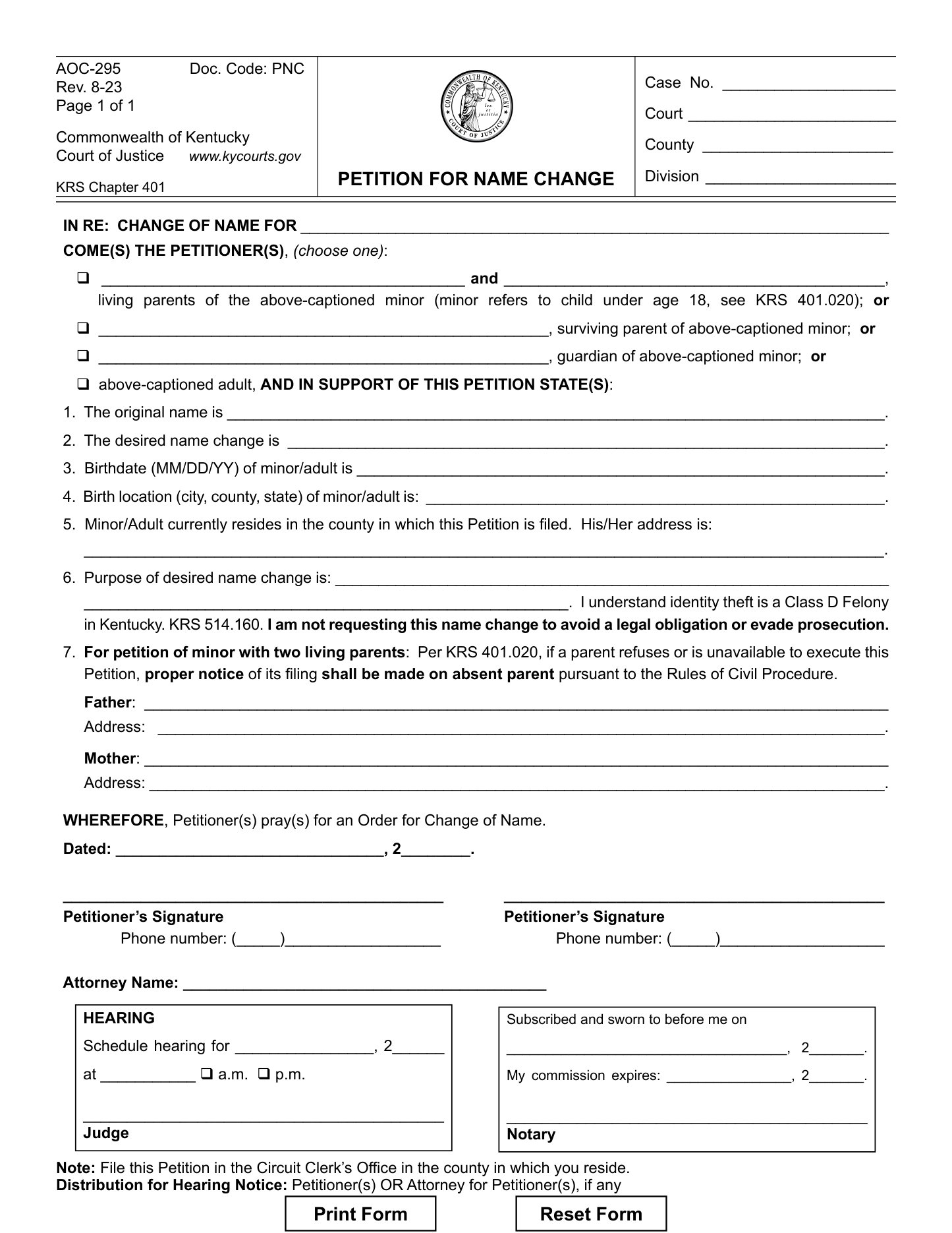 Page 1 of the official Kentucky Petition for Name Change (AOC-295) used for a minor, included in the download