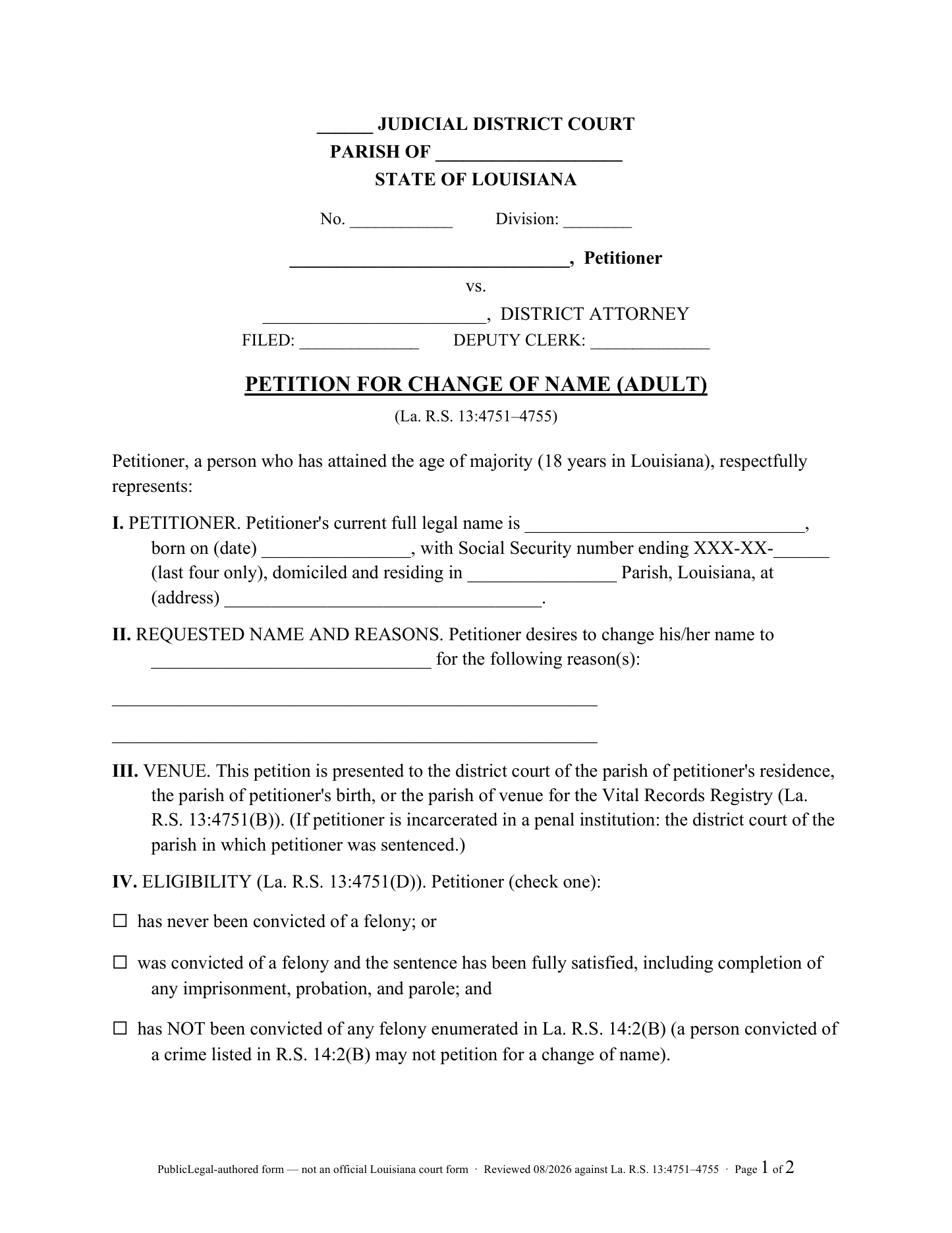 Page 1 of the PublicLegal-authored Louisiana Petition for Change of Name (Adult) included in the download