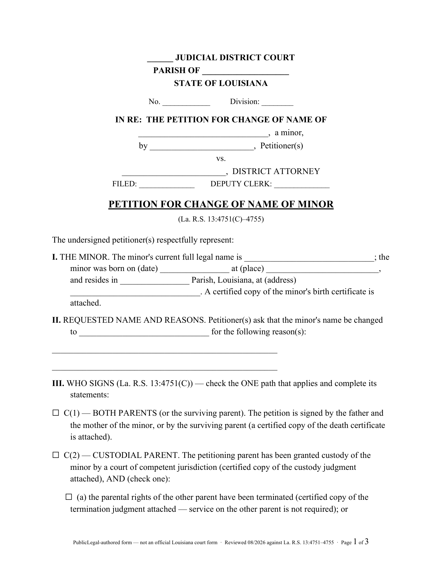 Page 1 of the PublicLegal-authored Louisiana Petition for Change of Name of Minor included in the download