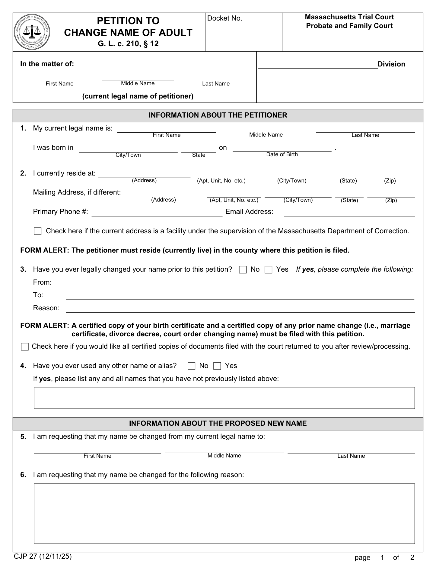 Page 1 of the official Massachusetts Petition to Change Name of Adult (CJP 27) included in the download