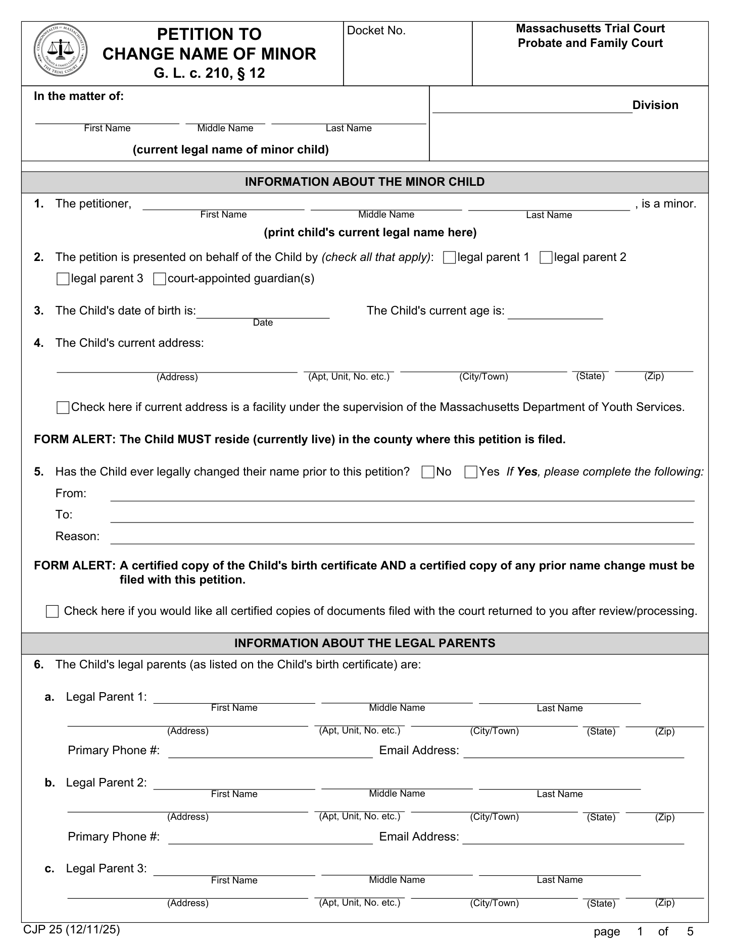 Page 1 of the official Massachusetts Petition to Change Name of Minor (CJP 25) included in the download