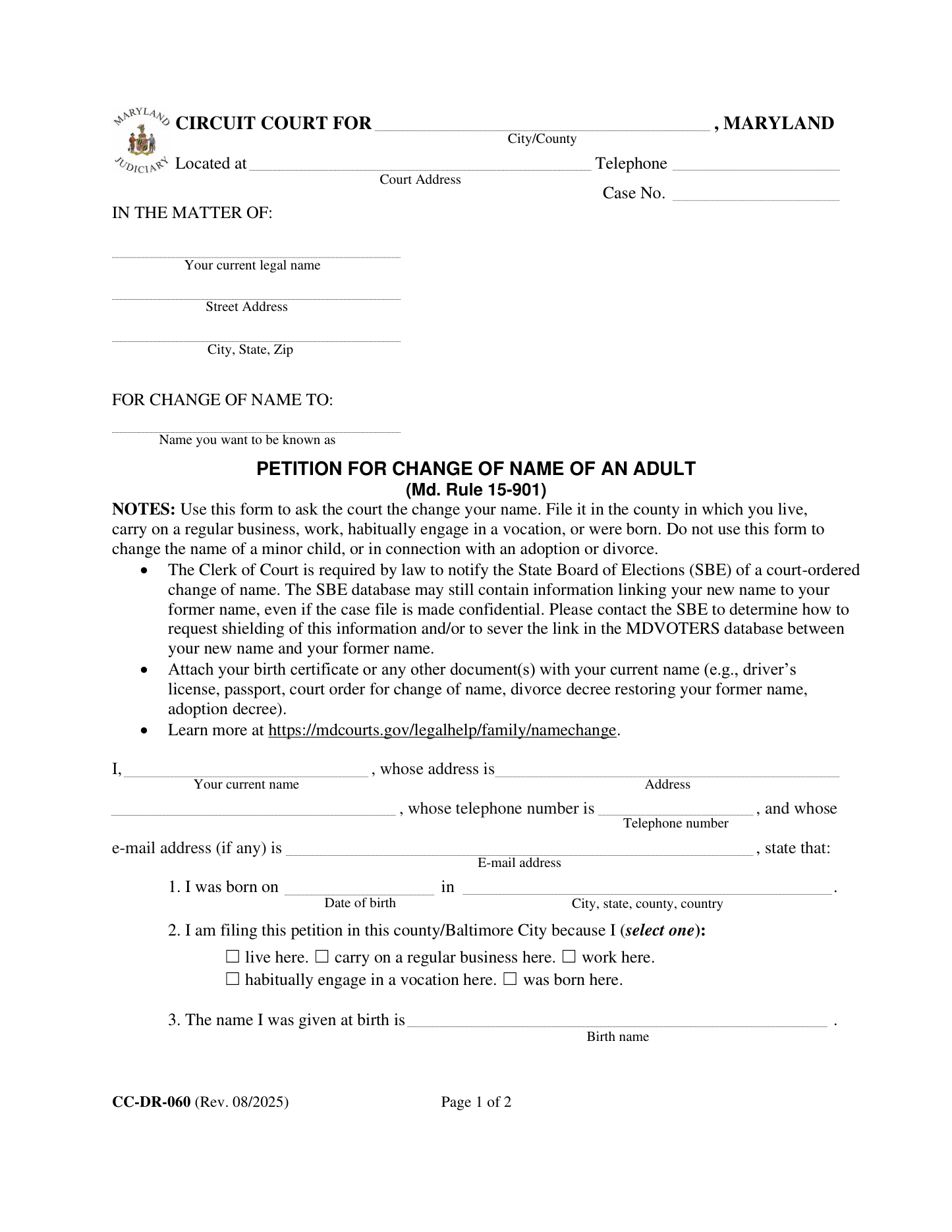 Page 1 of the official Maryland Petition for Change of Name of an Adult (CC-DR-060) included in the download