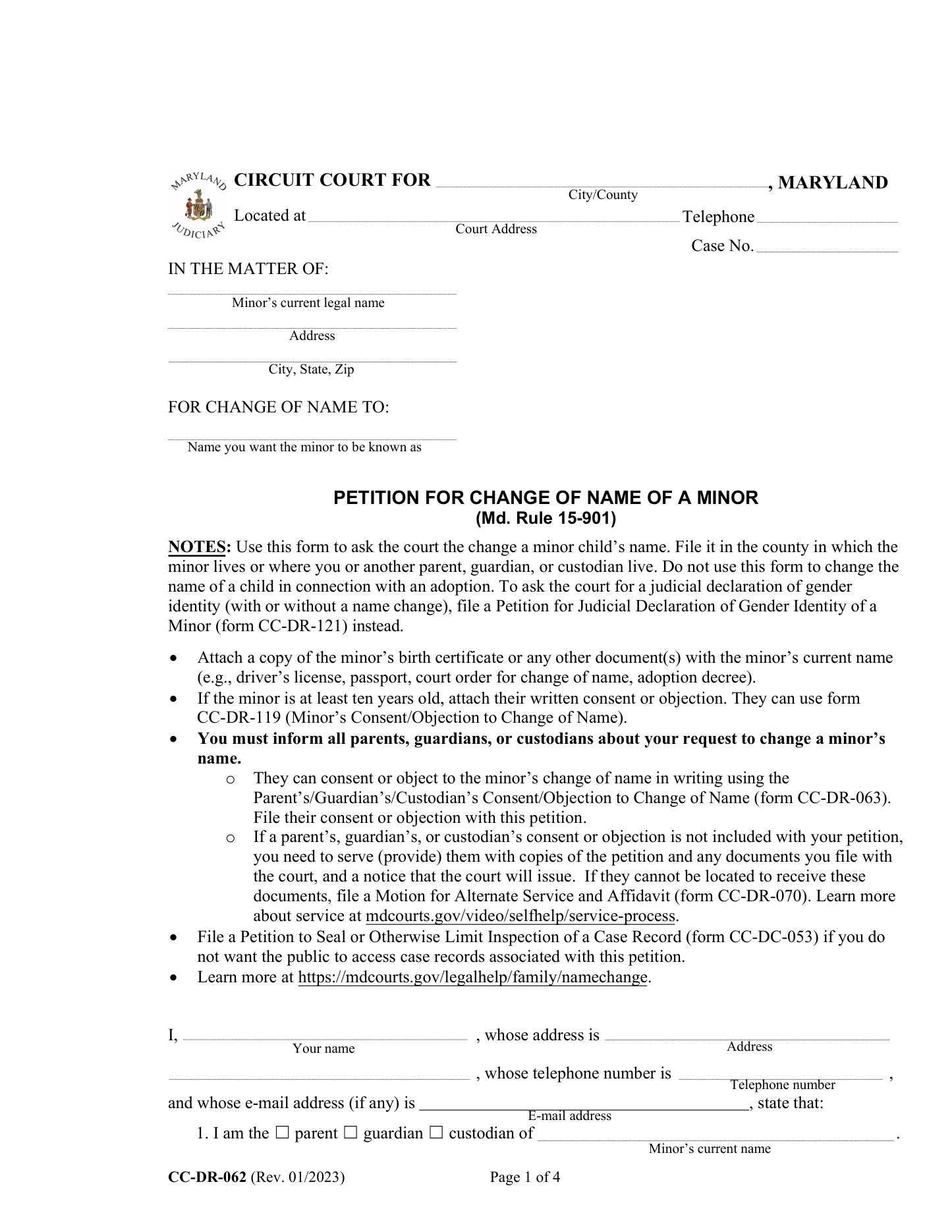 Page 1 of the official Maryland Petition for Change of Name of a Minor (CC-DR-062) included in the download