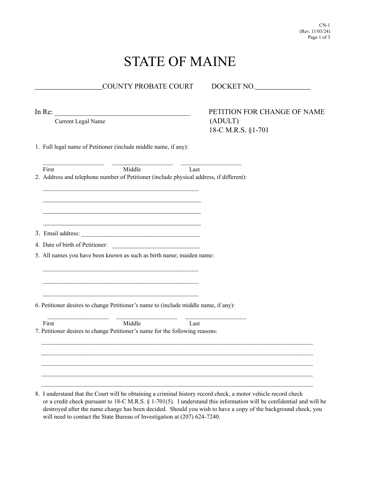 Page 1 of the official Maine CN-1 Petition for Change of Name (Adult) included in the download