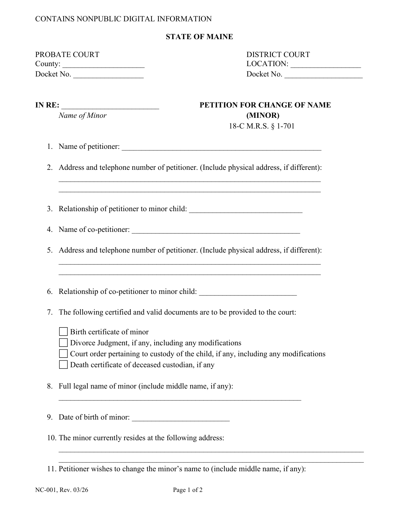 Page 1 of the official Maine NC-001 Petition for Change of Name (Child) included in the download