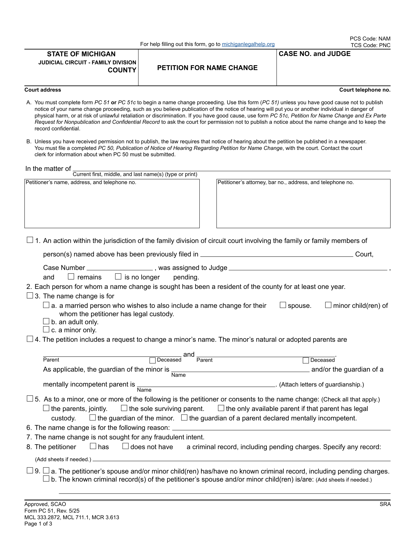 Page 1 of the official Michigan Petition for Name Change (PC 51) included in the download