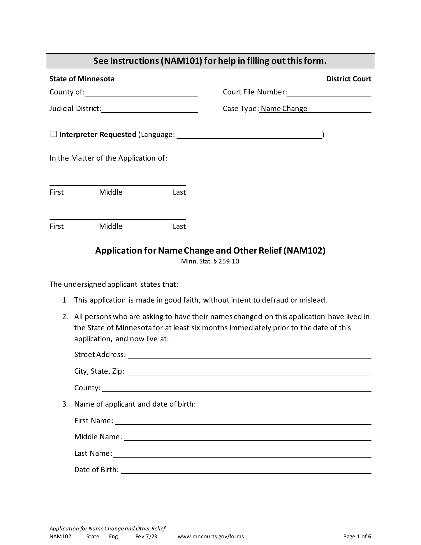 Page 1 of the official Minnesota Application for Name Change and Other Relief (NAM102) included in the download