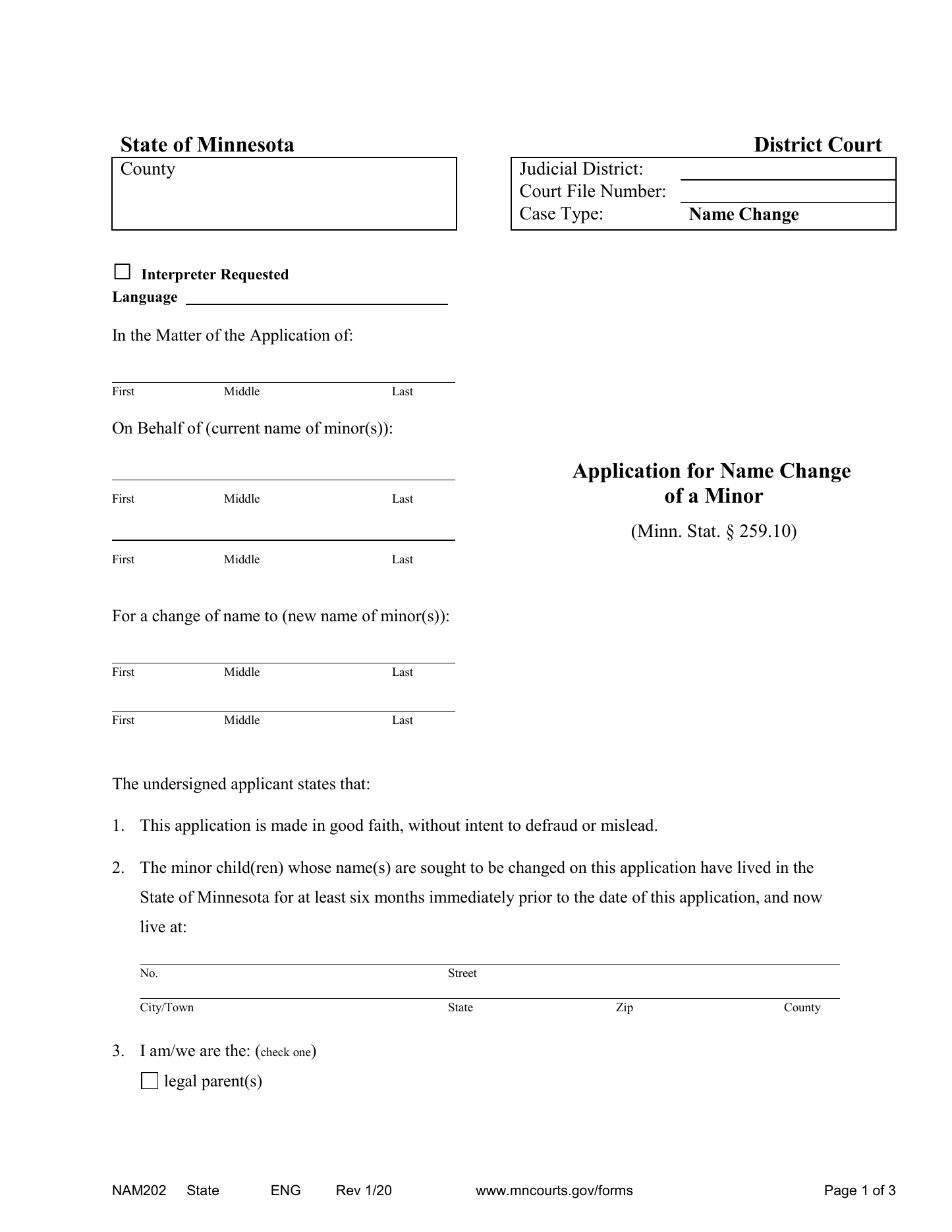 Page 1 of the official Minnesota Application for Name Change of a Minor (NAM202) included in the download