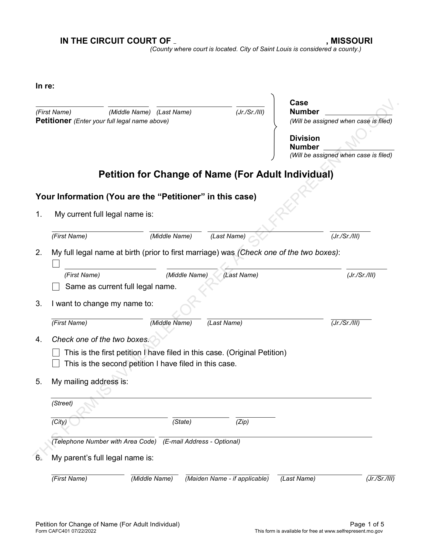 Page 1 of the official Missouri Petition for Change of Name — For Adult Individual (CAFC401) included in the download