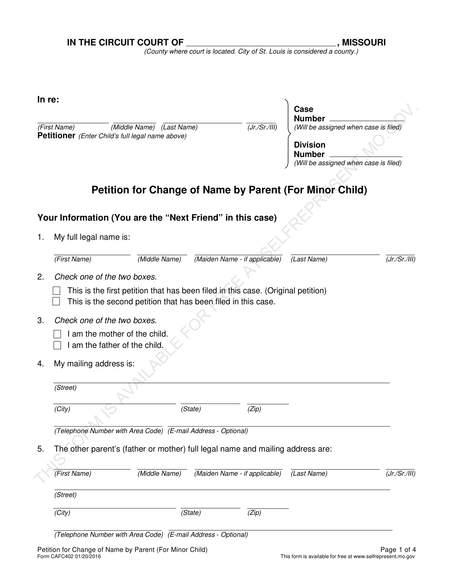 Page 1 of the official Missouri Petition for Change of Name by Parent — For Minor Child (CAFC402) included in the download