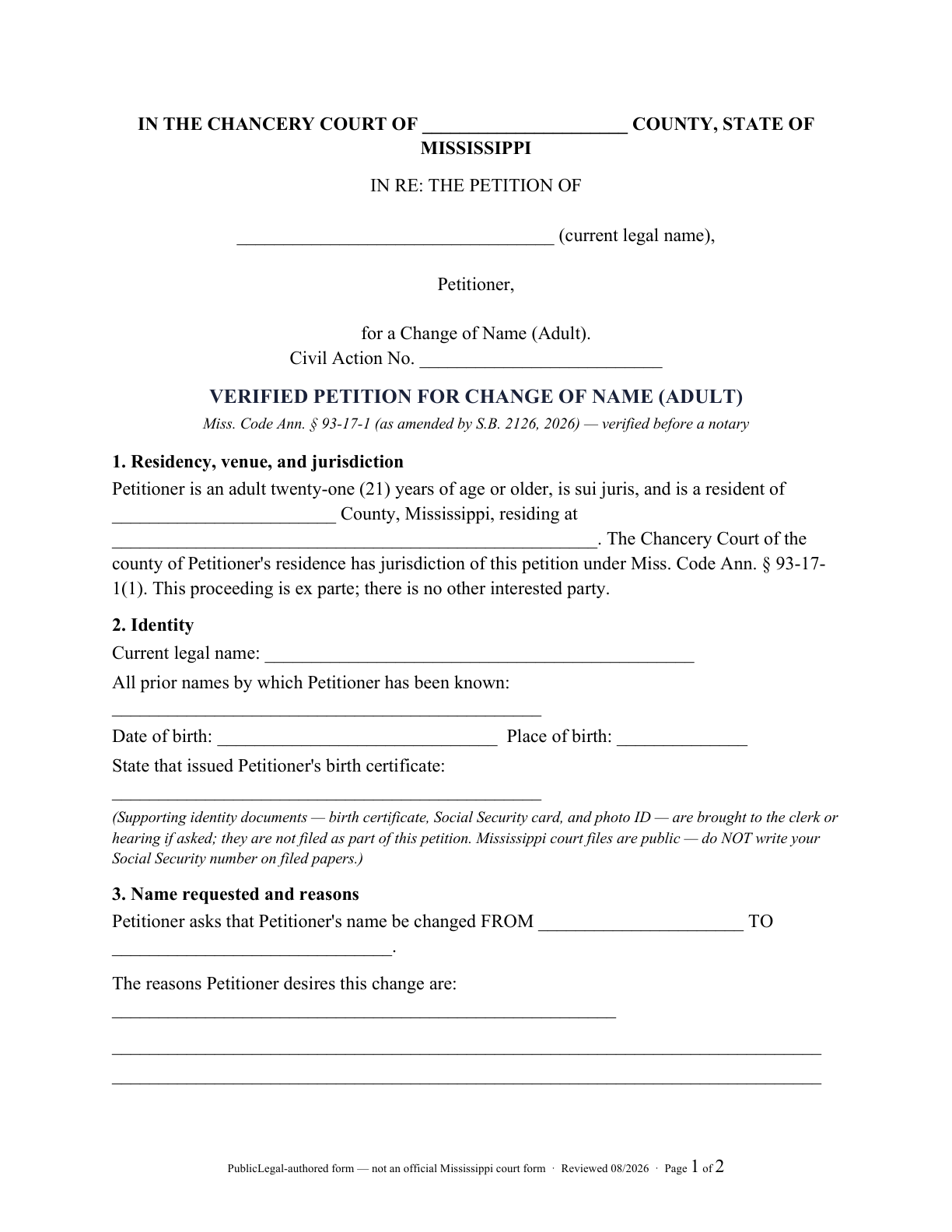 Page 1 of the PublicLegal-authored Mississippi adult verified name-change petition included in the download