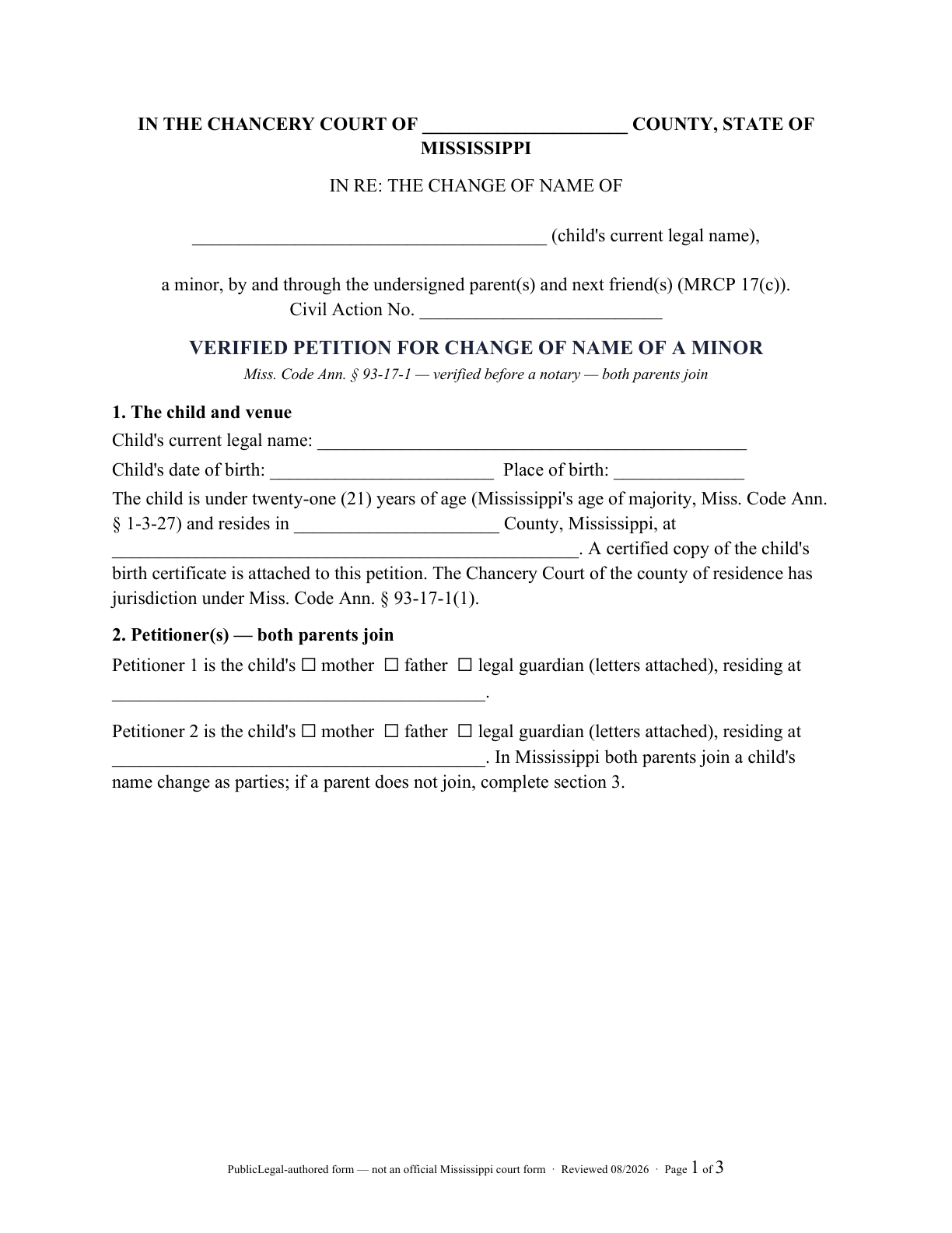 Page 1 of the PublicLegal-authored Mississippi minor verified name-change petition included in the download
