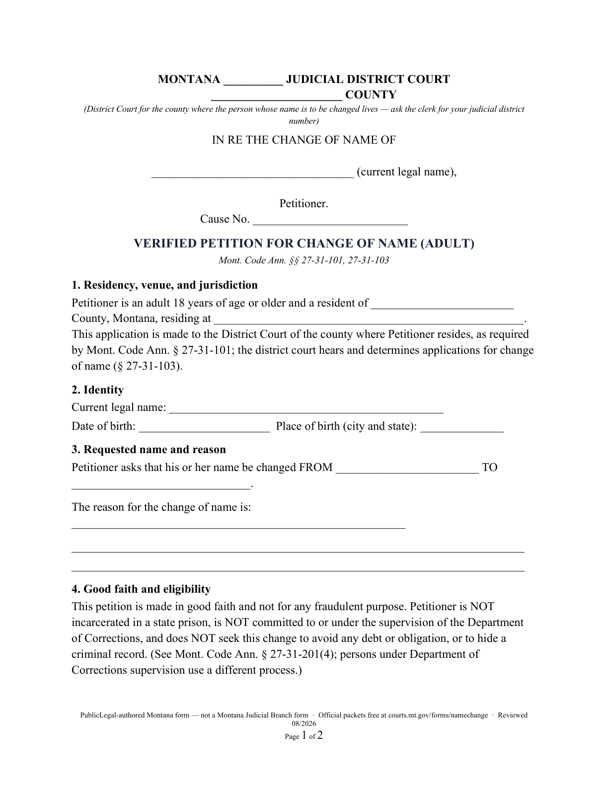 Page 1 of the PublicLegal-authored Montana adult verified name-change petition included in the download