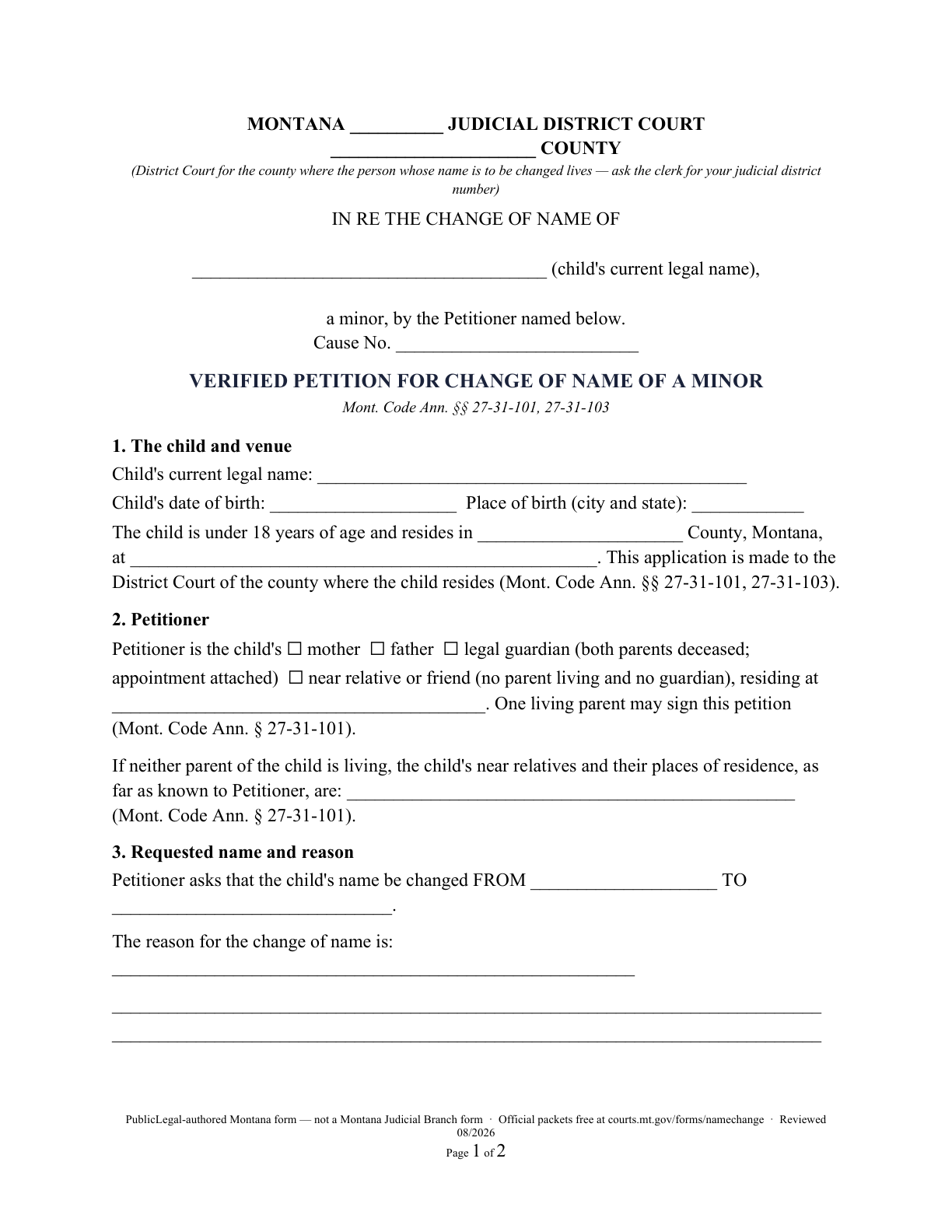 Page 1 of the PublicLegal-authored Montana minor verified name-change petition included in the download