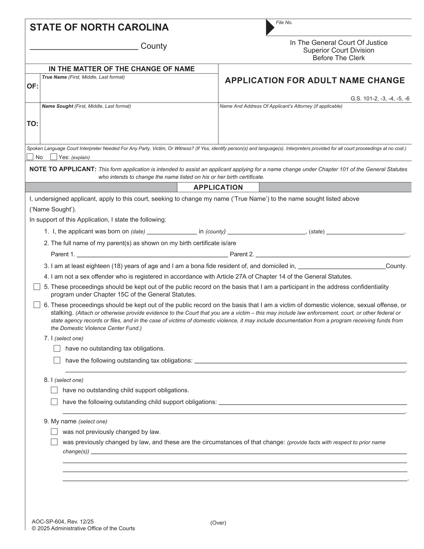 Page 1 of the official North Carolina Application for Adult Name Change (AOC-SP-604, Rev. 12/25) included in the download