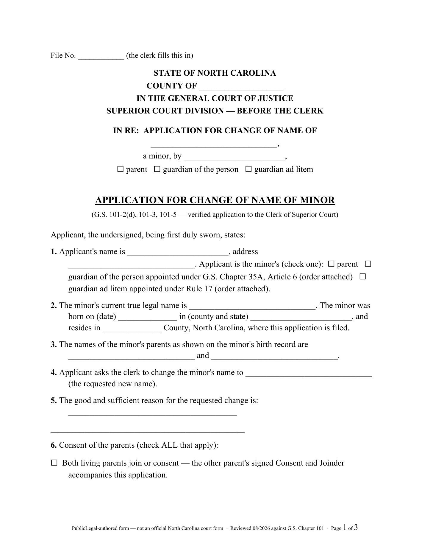 Page 1 of the North Carolina Application for Change of Name of Minor (PublicLegal-authored) included in the download