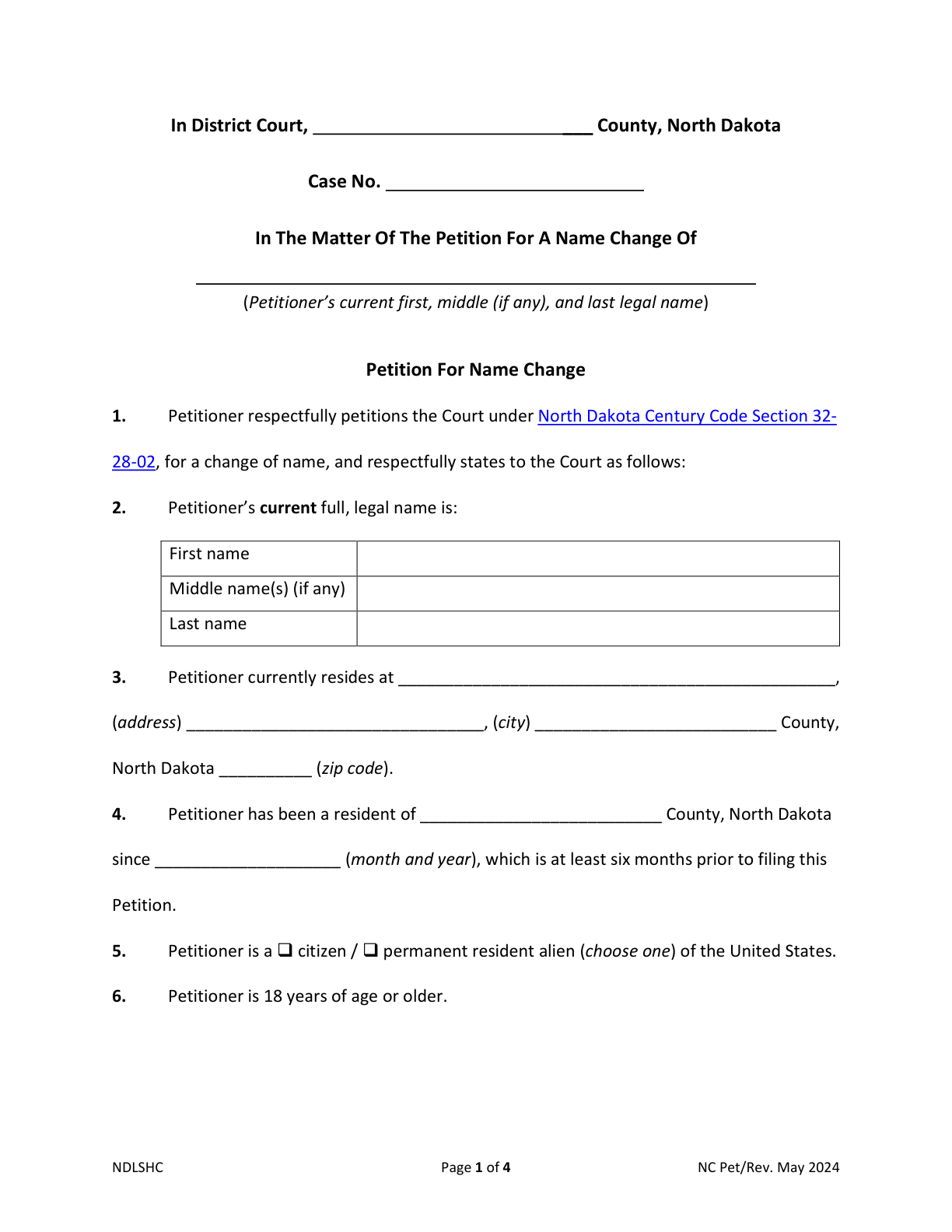 Page 1 of the North Dakota Legal Self Help Center Petition for Name Change (adult) included in the download