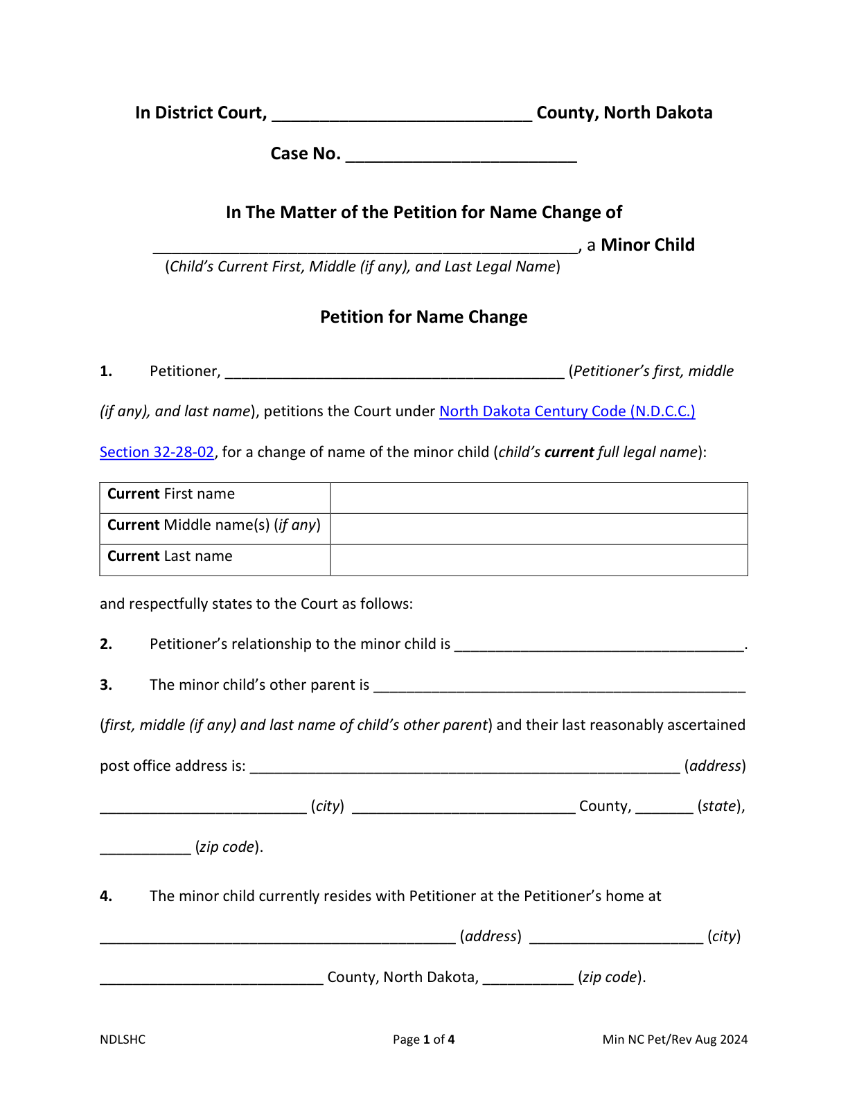 Page 1 of the North Dakota Legal Self Help Center Petition for Name Change of a Minor Child included in the download
