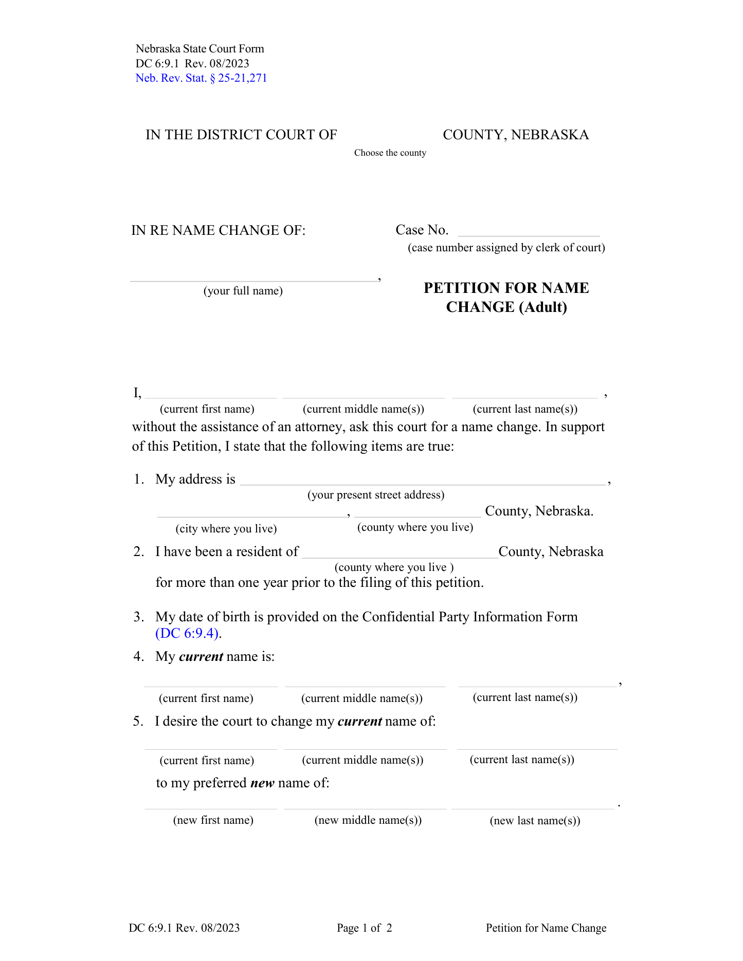 Page 1 of the official Nebraska Petition for Name Change — Adult (form DC 6:9.1) included in the download