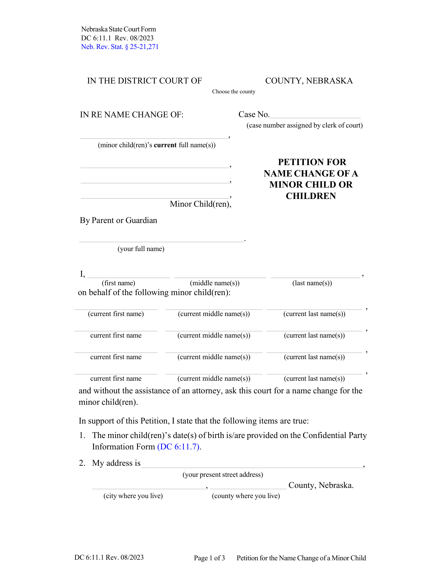 Page 1 of the official Nebraska Petition for Name Change of a Minor Child (form DC 6:11.1) included in the download