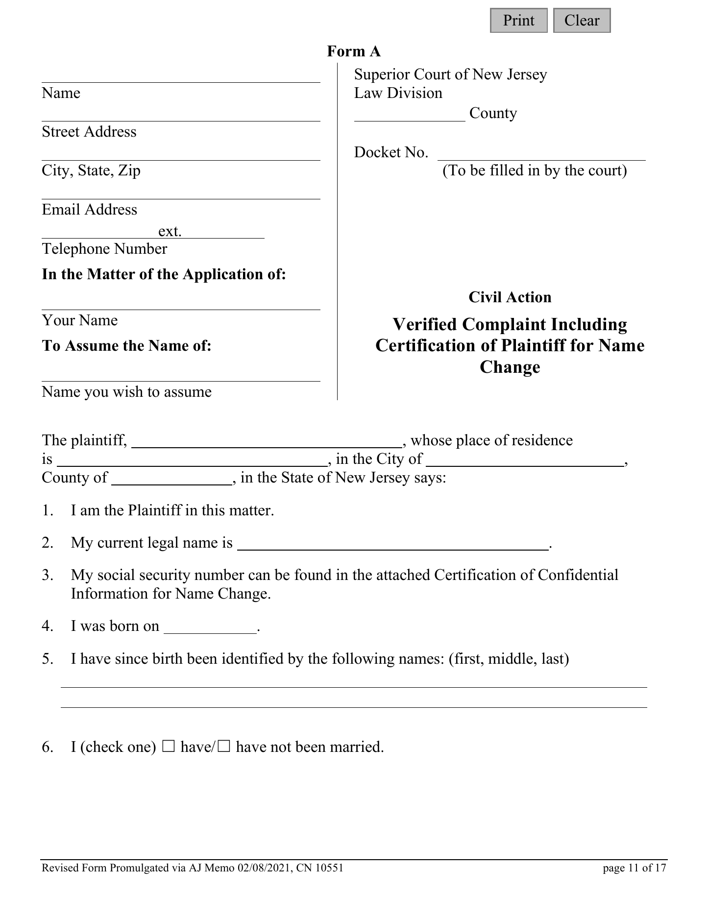 Page 1 of the official New Jersey Verified Complaint for adult name change (Form A, CN 10551) included in the download