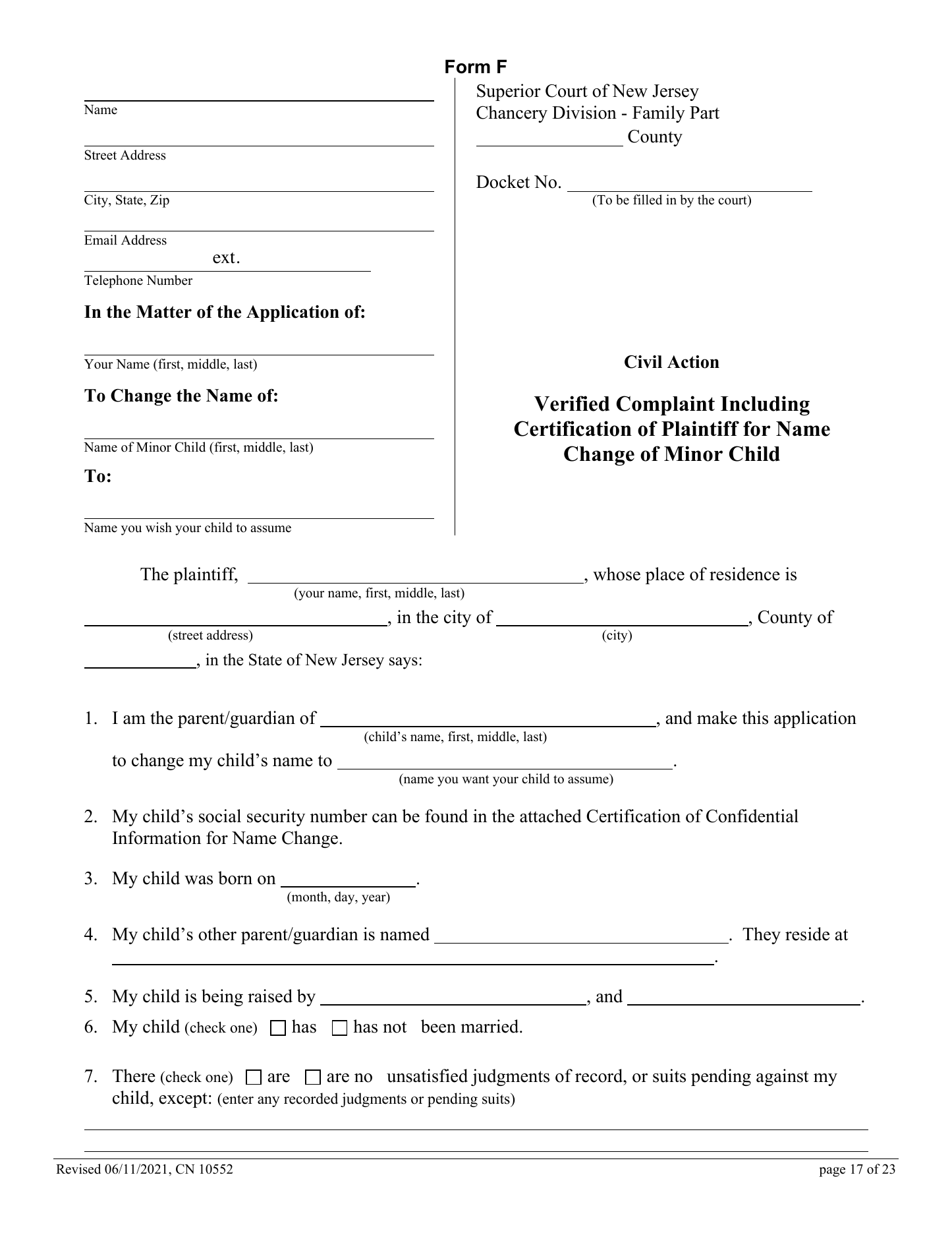 Page 1 of the official New Jersey Verified Complaint for name change of a minor child (Form F, CN 10552) included in the download