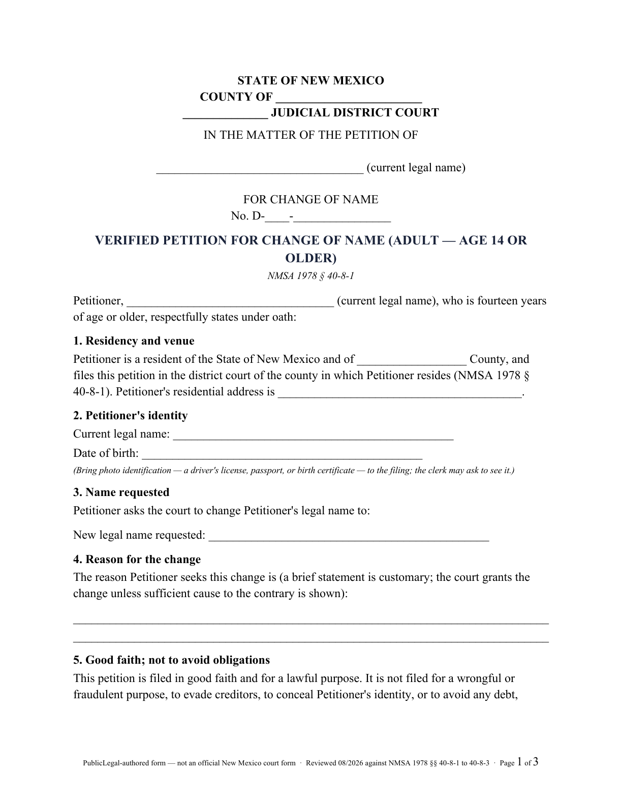 Page 1 of the PublicLegal-authored New Mexico Petition for Change of Name (Adult, age 14 or older) included in the download