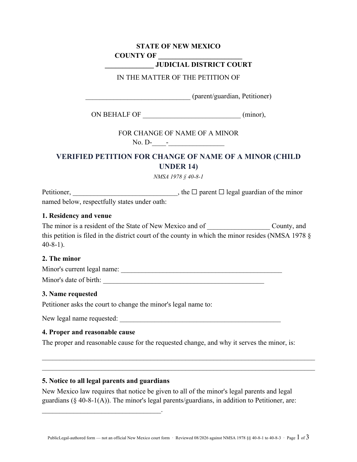 Page 1 of the PublicLegal-authored New Mexico Petition for Change of Name of a Minor (child under 14) included in the download