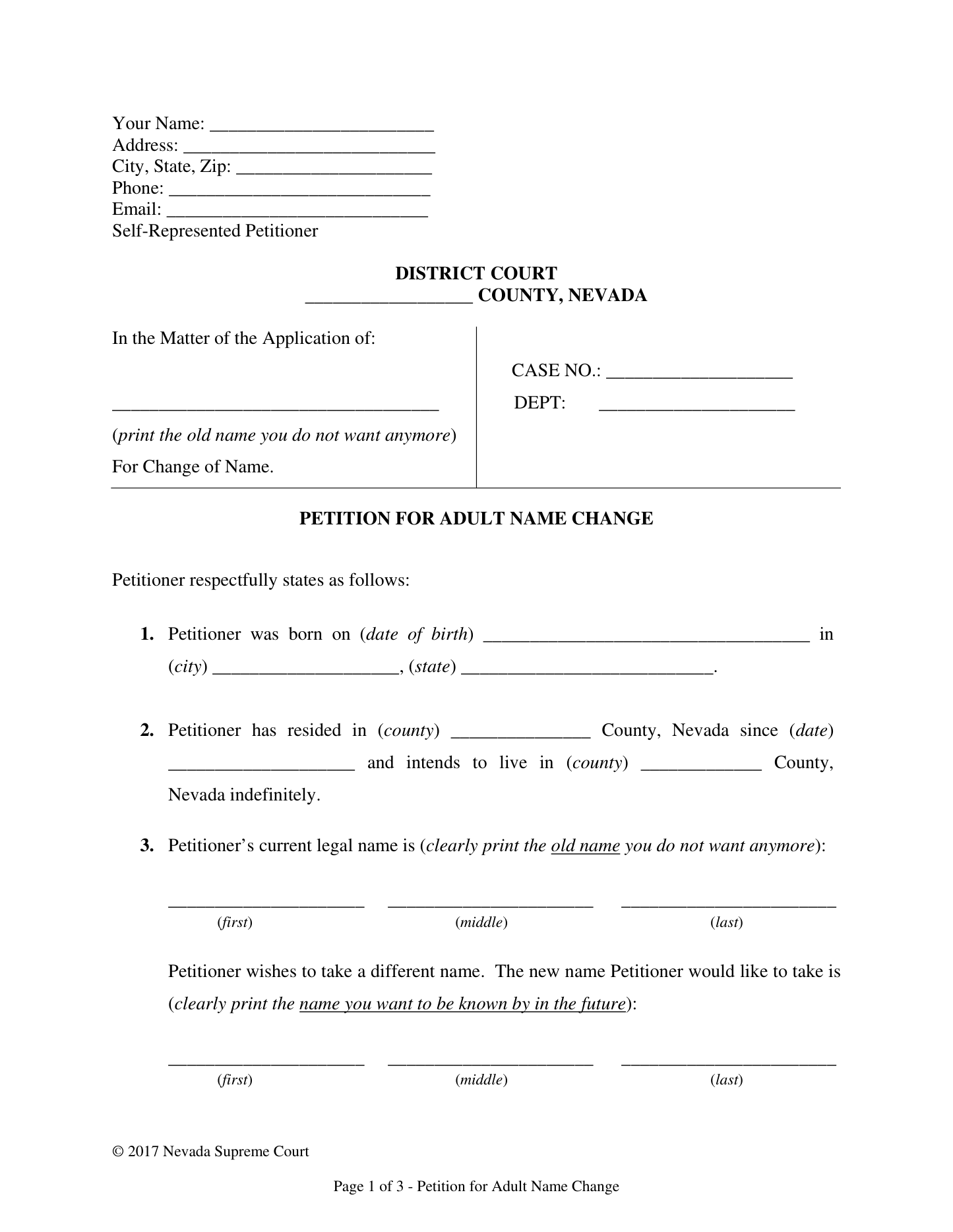 Page 1 of the official Nevada Petition for Adult Name Change included in the download
