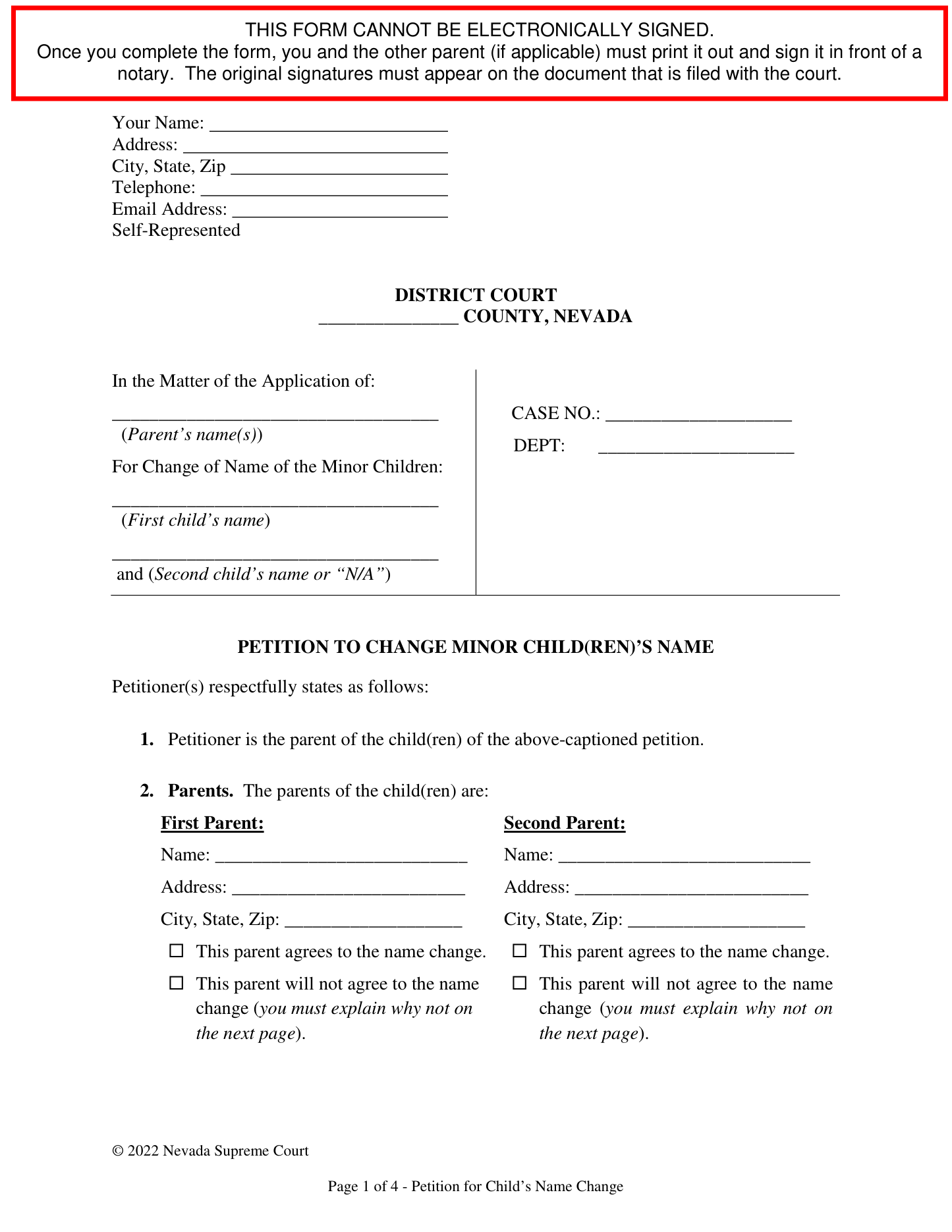 Page 1 of the official Nevada Petition for Child's Name Change included in the download