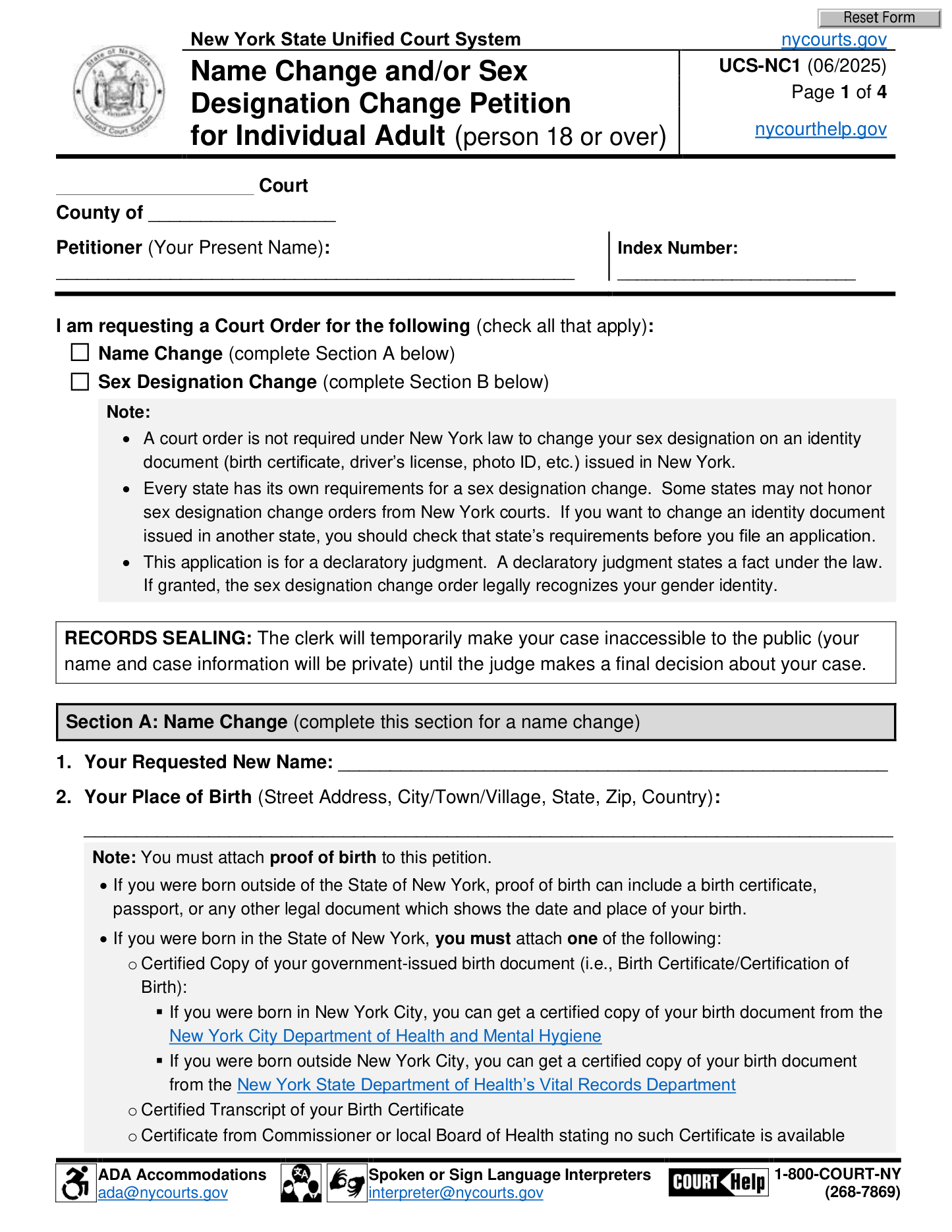 Page 1 of the official New York Name Change and/or Sex Designation Change Petition for Individual Adult (UCS-NC1), included in the download