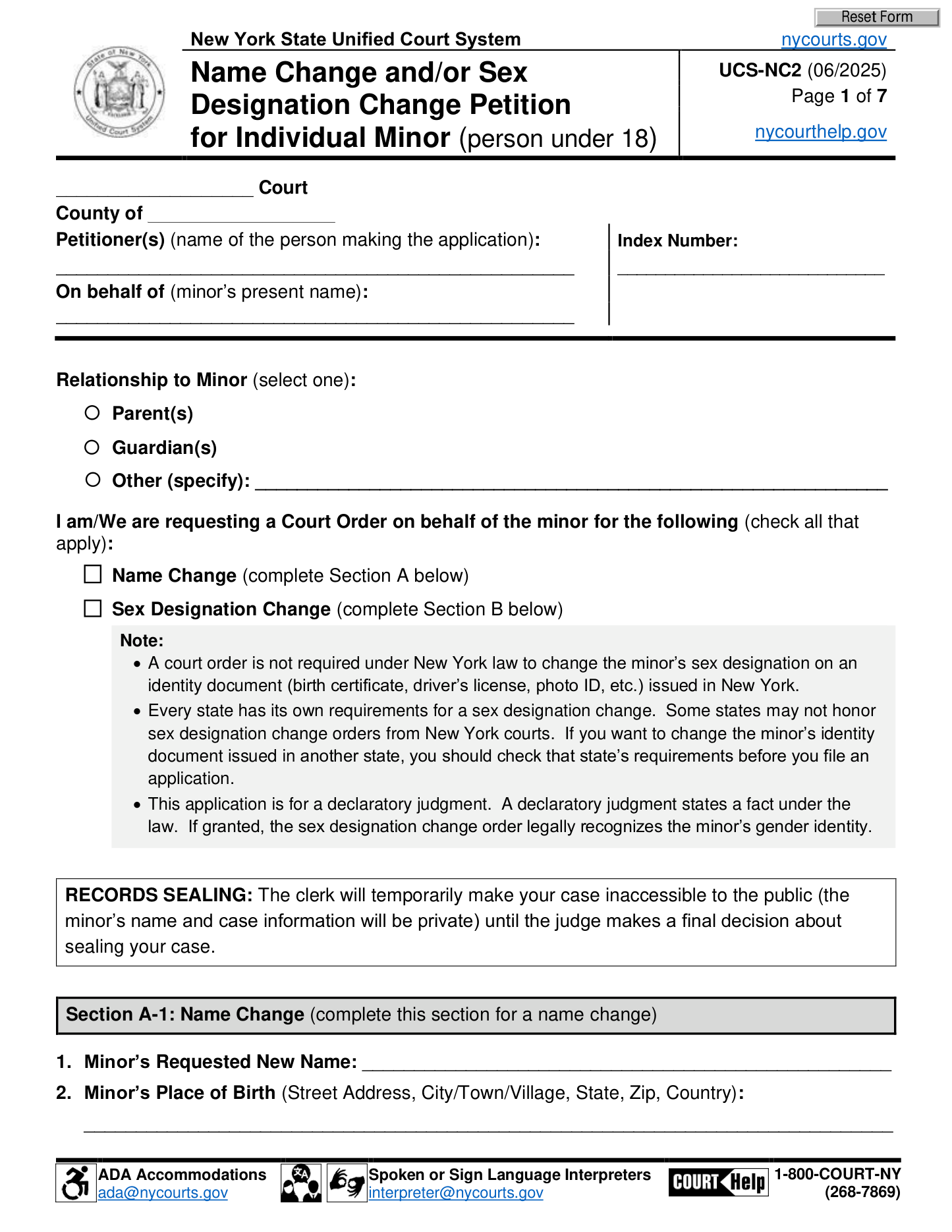 Page 1 of the official New York Name Change and/or Sex Designation Change Petition for Individual Minor (UCS-NC2), included in the download