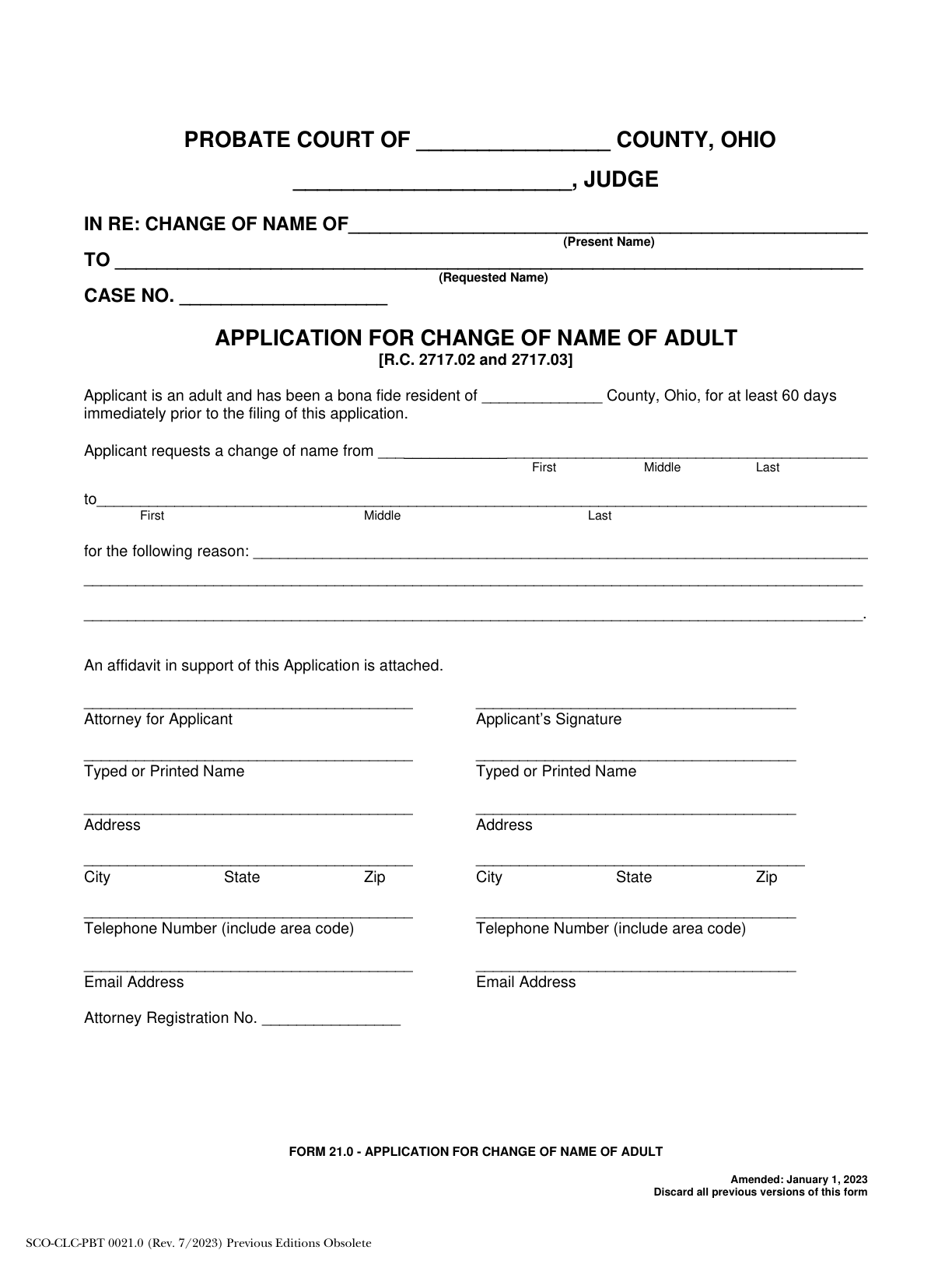 Page 1 of the official Ohio Application for Change of Name of Adult (Form 21.0), included in the download