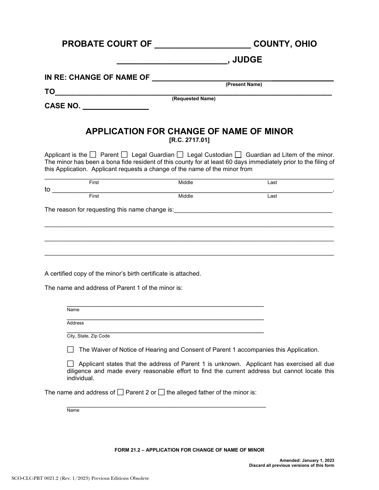 Page 1 of the official Ohio Application for Change of Name of Minor (Form 21.2), included in the download