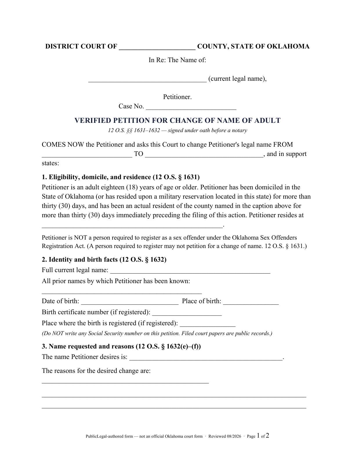 Page 1 of the PublicLegal-authored Oklahoma adult verified name-change petition included in the download