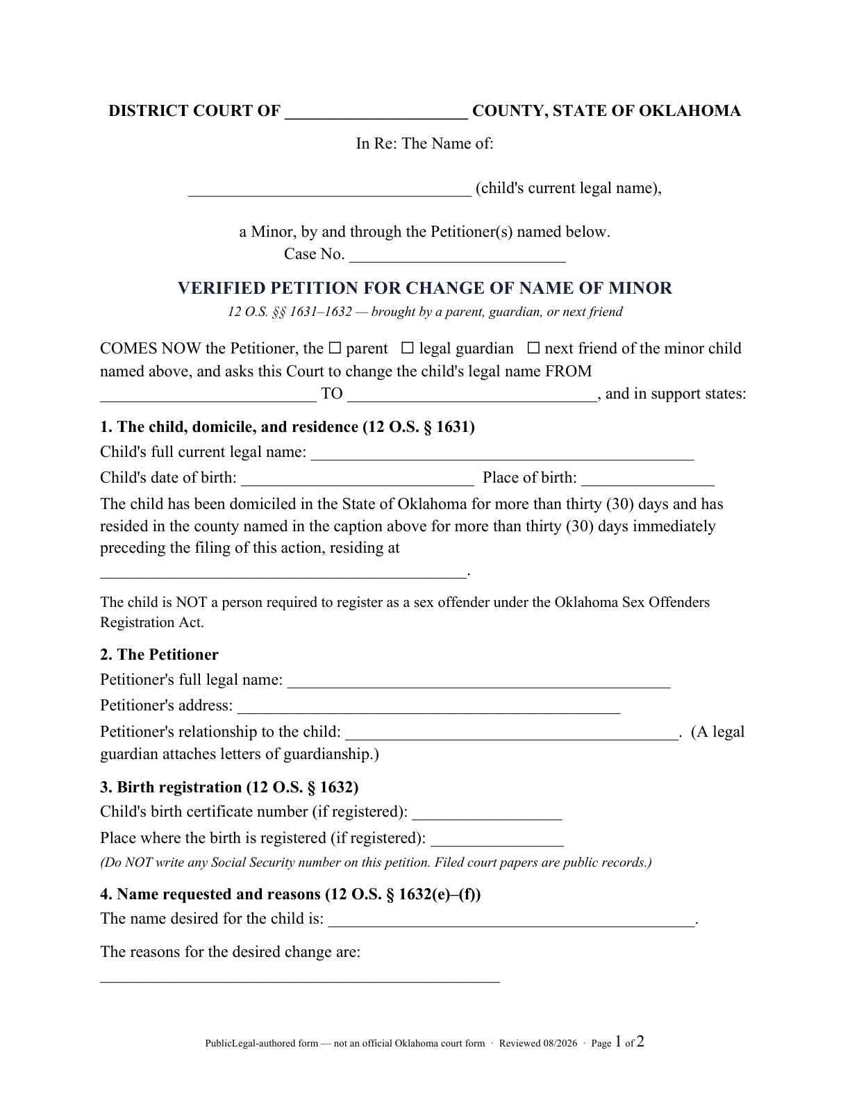 Page 1 of the PublicLegal-authored Oklahoma minor verified name-change petition included in the download