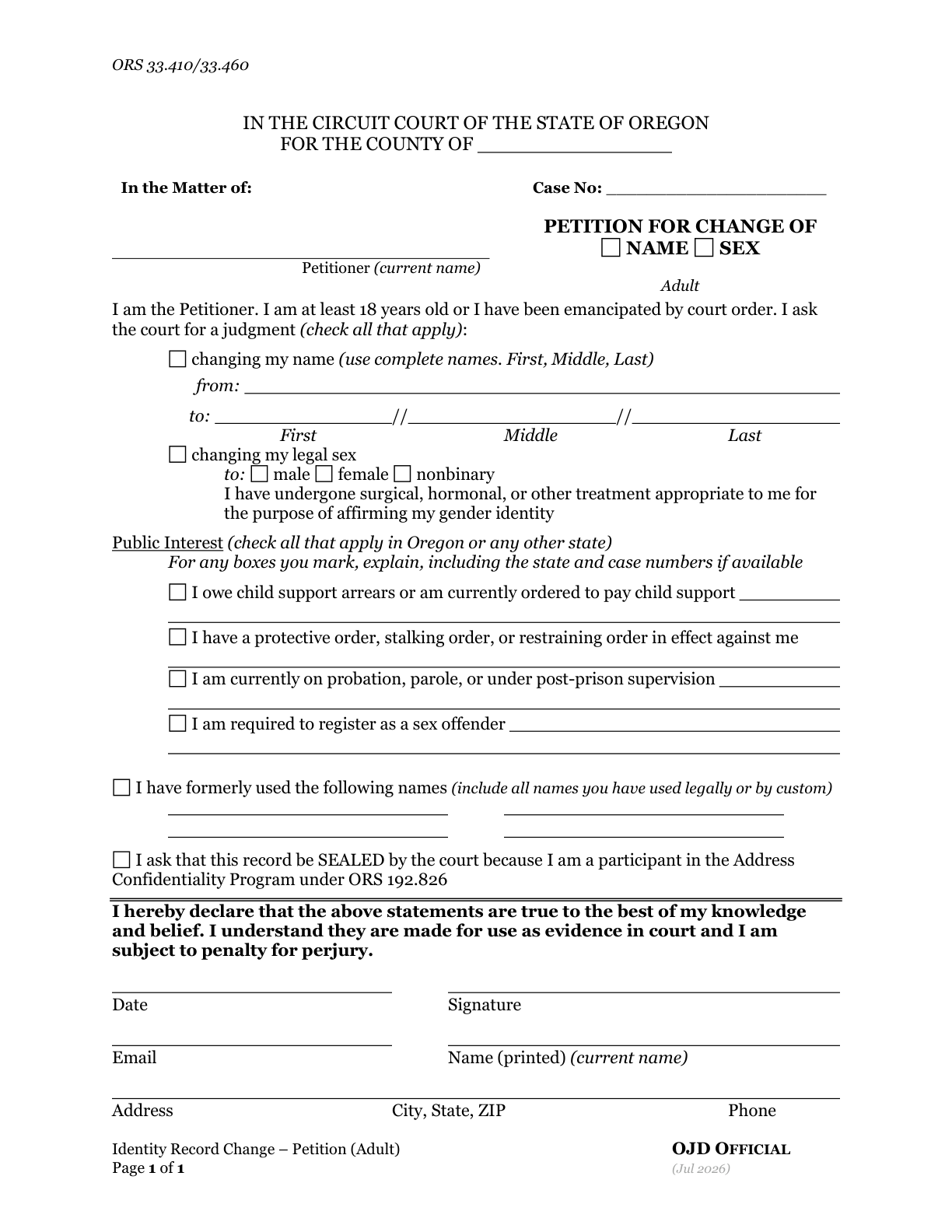 Page 1 of the official Oregon Petition for Change of Name / Sex (Adult), included in the download