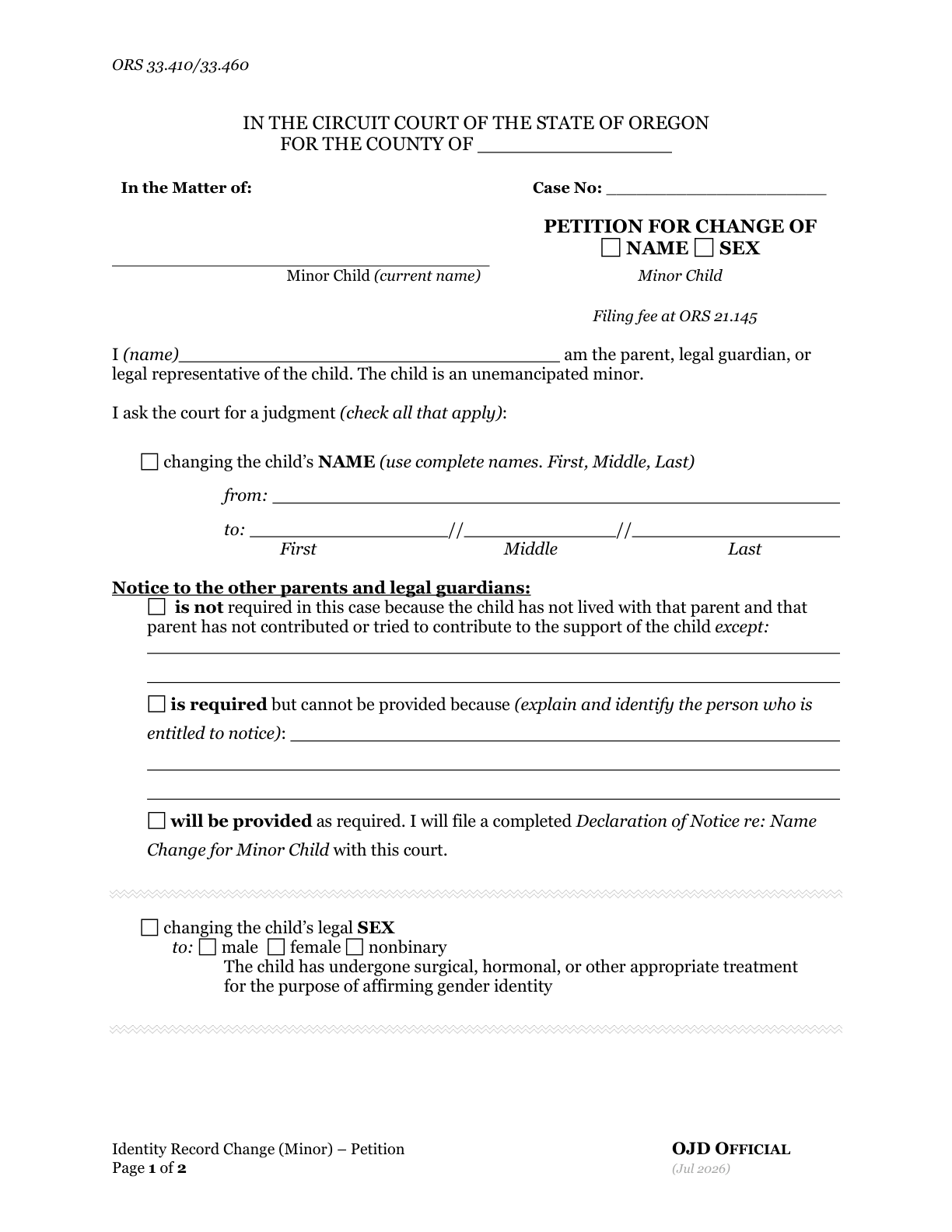 Page 1 of the official Oregon Petition for Change of Name / Sex (Minor), included in the download