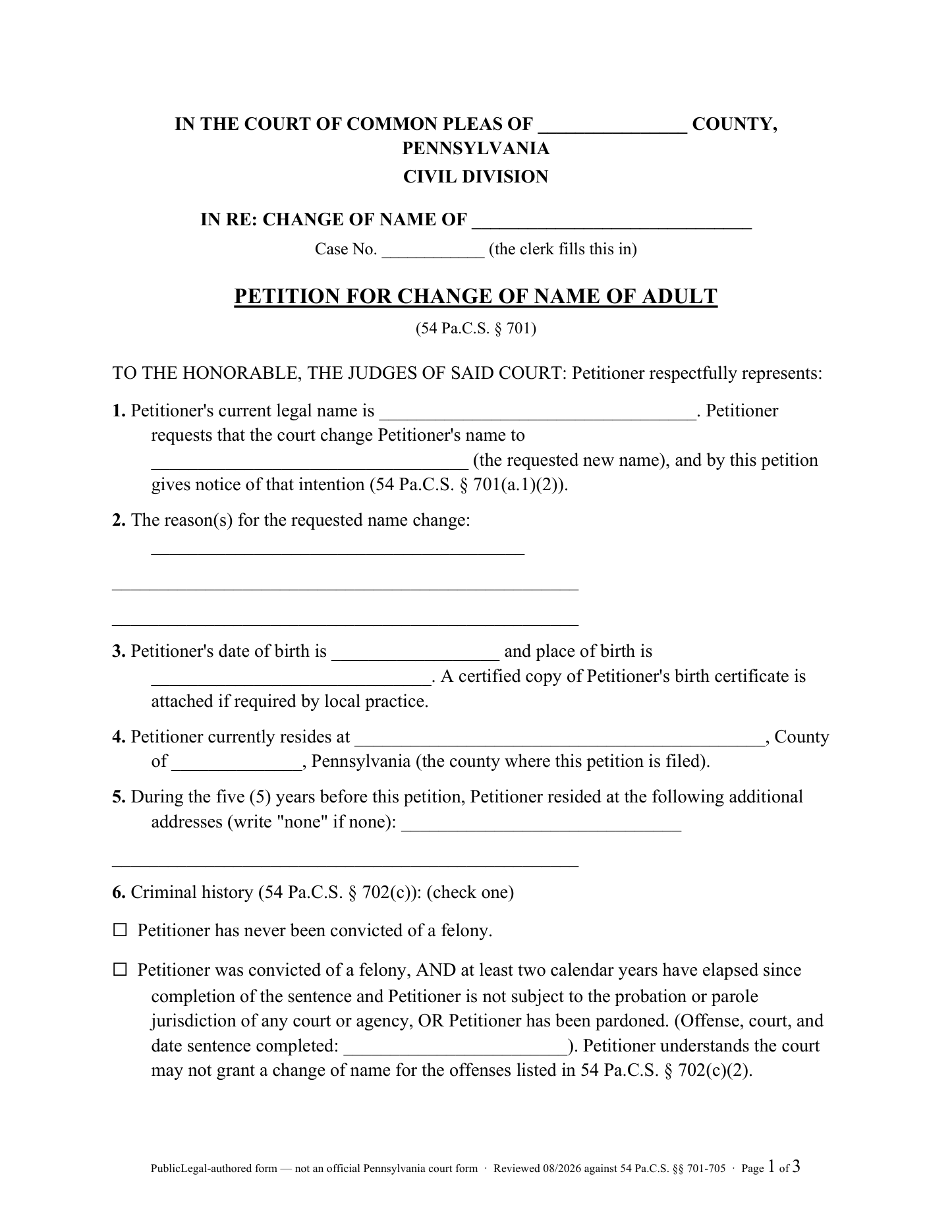 Page 1 of the PublicLegal-authored Pennsylvania Petition for Change of Name of Adult included in the download