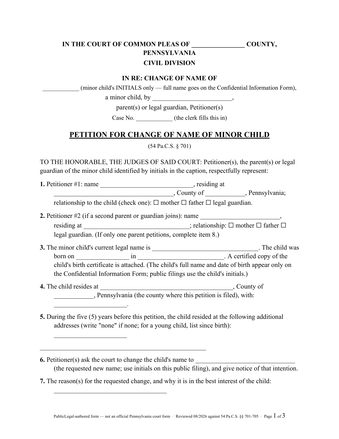 Page 1 of the PublicLegal-authored Pennsylvania Petition for Change of Name of Minor Child included in the download