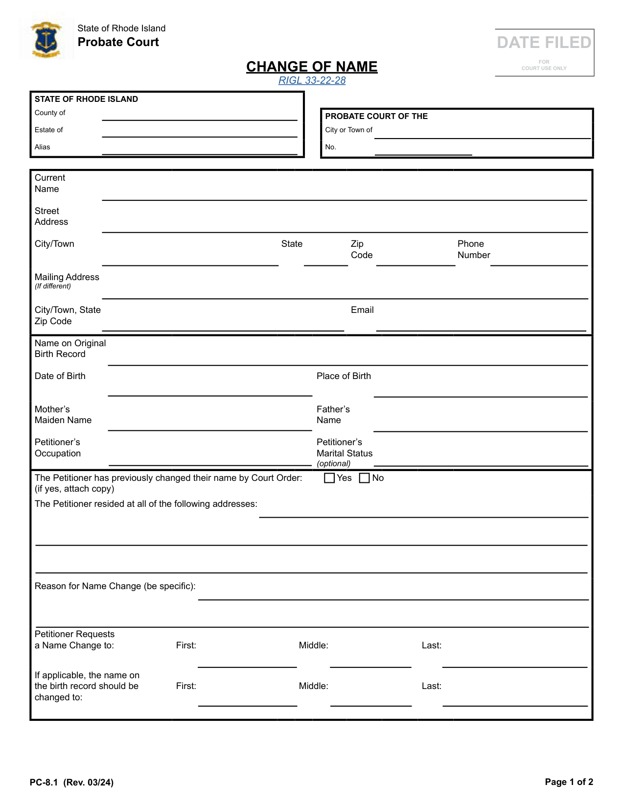 Page 1 of the official Rhode Island PC-8.1 Change of Name petition included in the download
