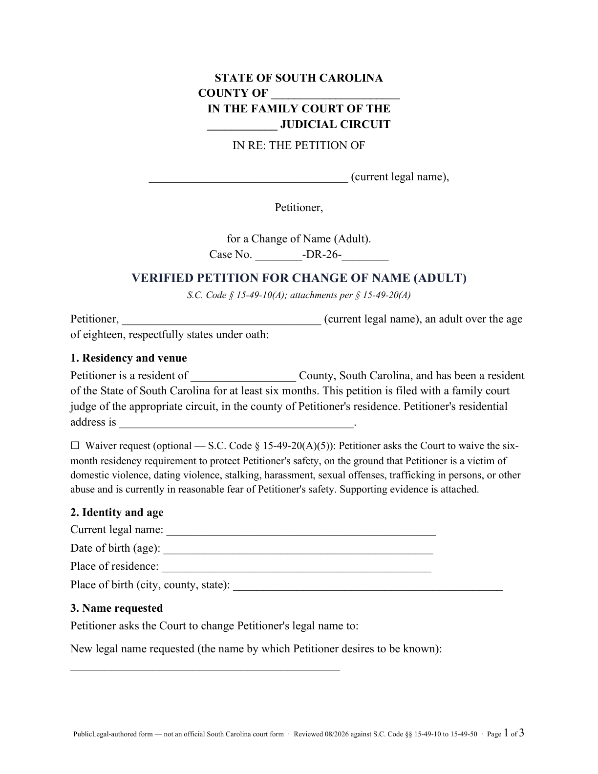Page 1 of the PublicLegal-authored South Carolina adult verified name-change petition included in the download