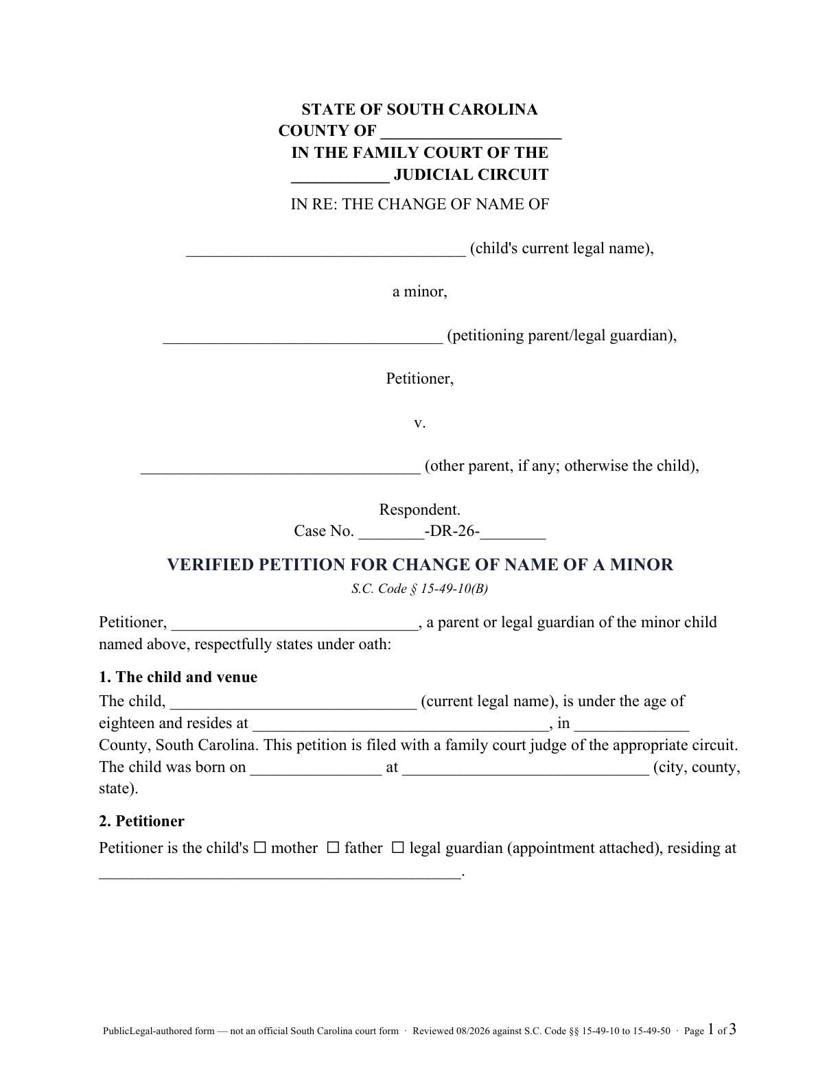 Page 1 of the PublicLegal-authored South Carolina minor verified name-change petition included in the download