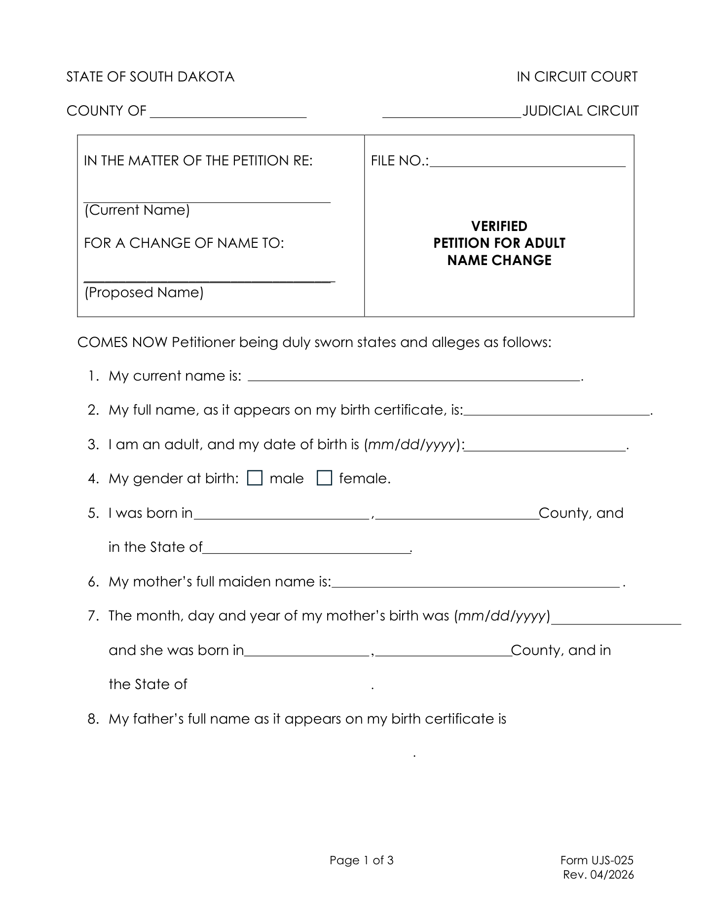 Page 1 of the official South Dakota Verified Petition for Adult Name Change (form UJS-025) included in the download