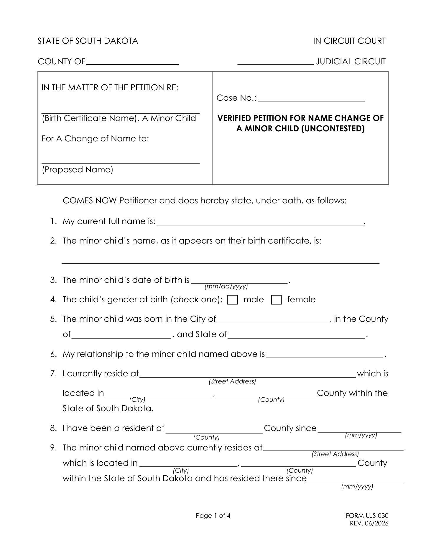 Page 1 of the official South Dakota Verified Petition for Name Change of a Minor Child (form UJS-030) included in the download