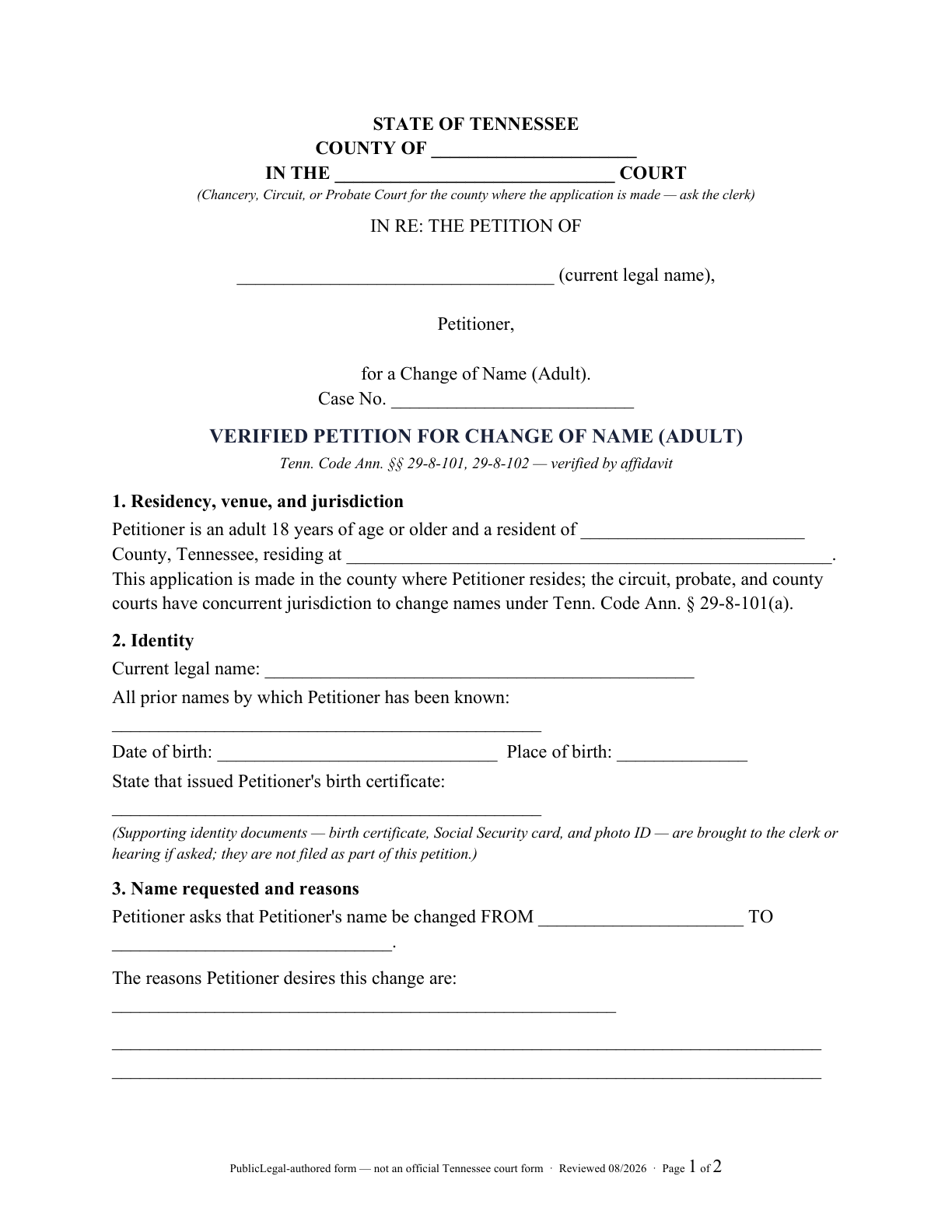 Page 1 of the PublicLegal-authored Tennessee adult verified name-change petition included in the download