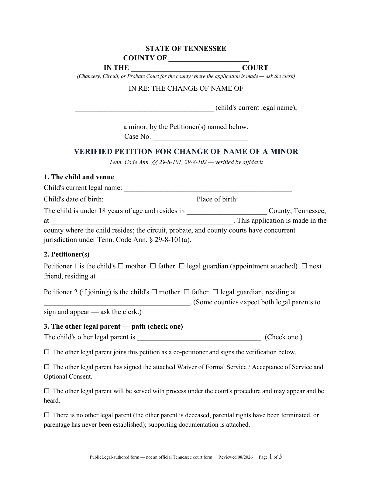 Page 1 of the PublicLegal-authored Tennessee minor verified name-change petition included in the download