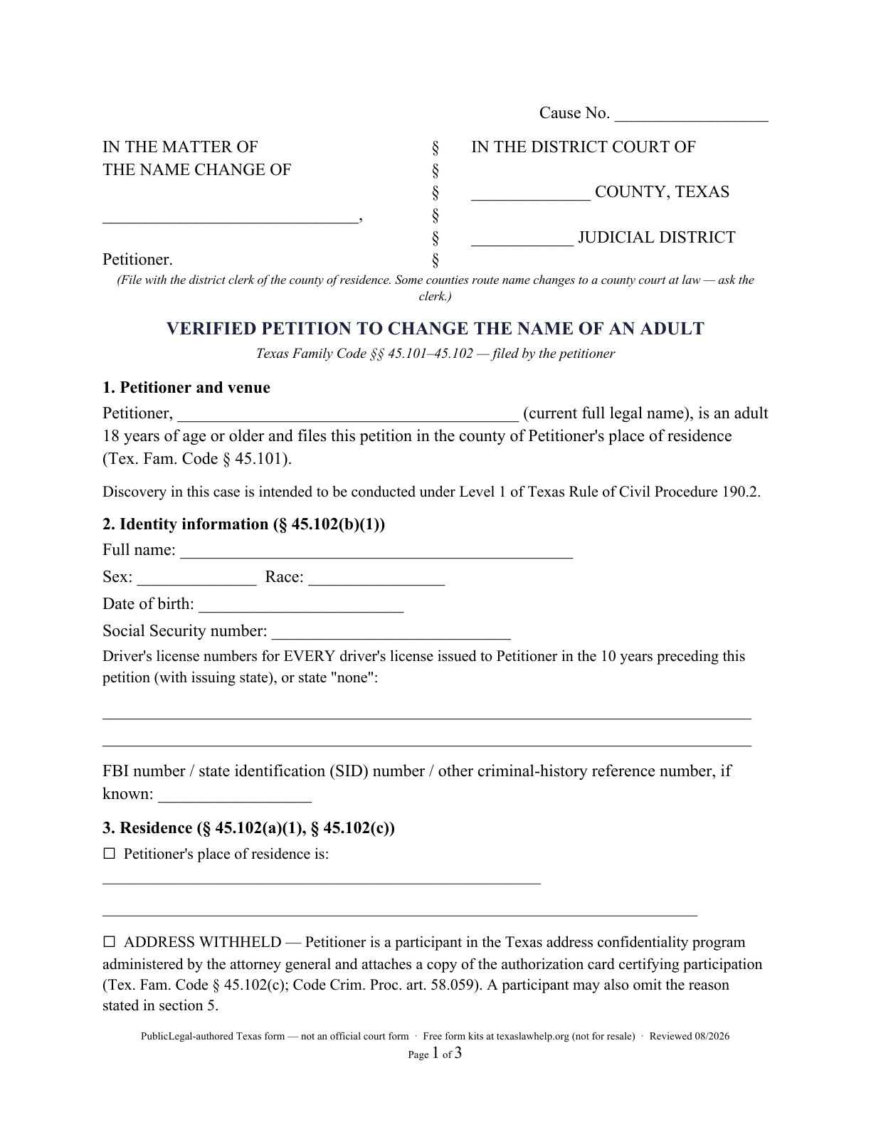 Page 1 of the PublicLegal-authored Texas adult verified name-change petition included in the download