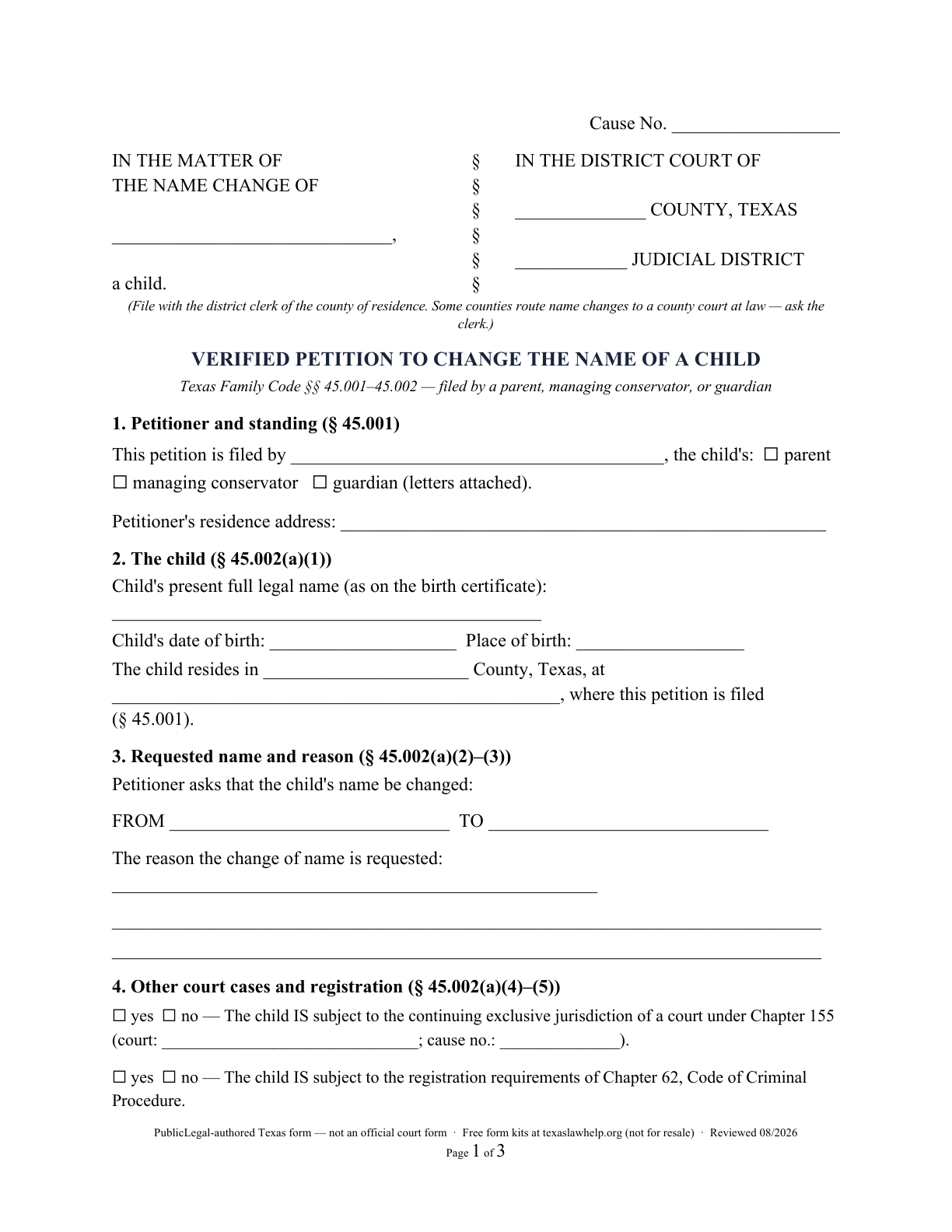 Page 1 of the PublicLegal-authored Texas minor verified name-change petition included in the download